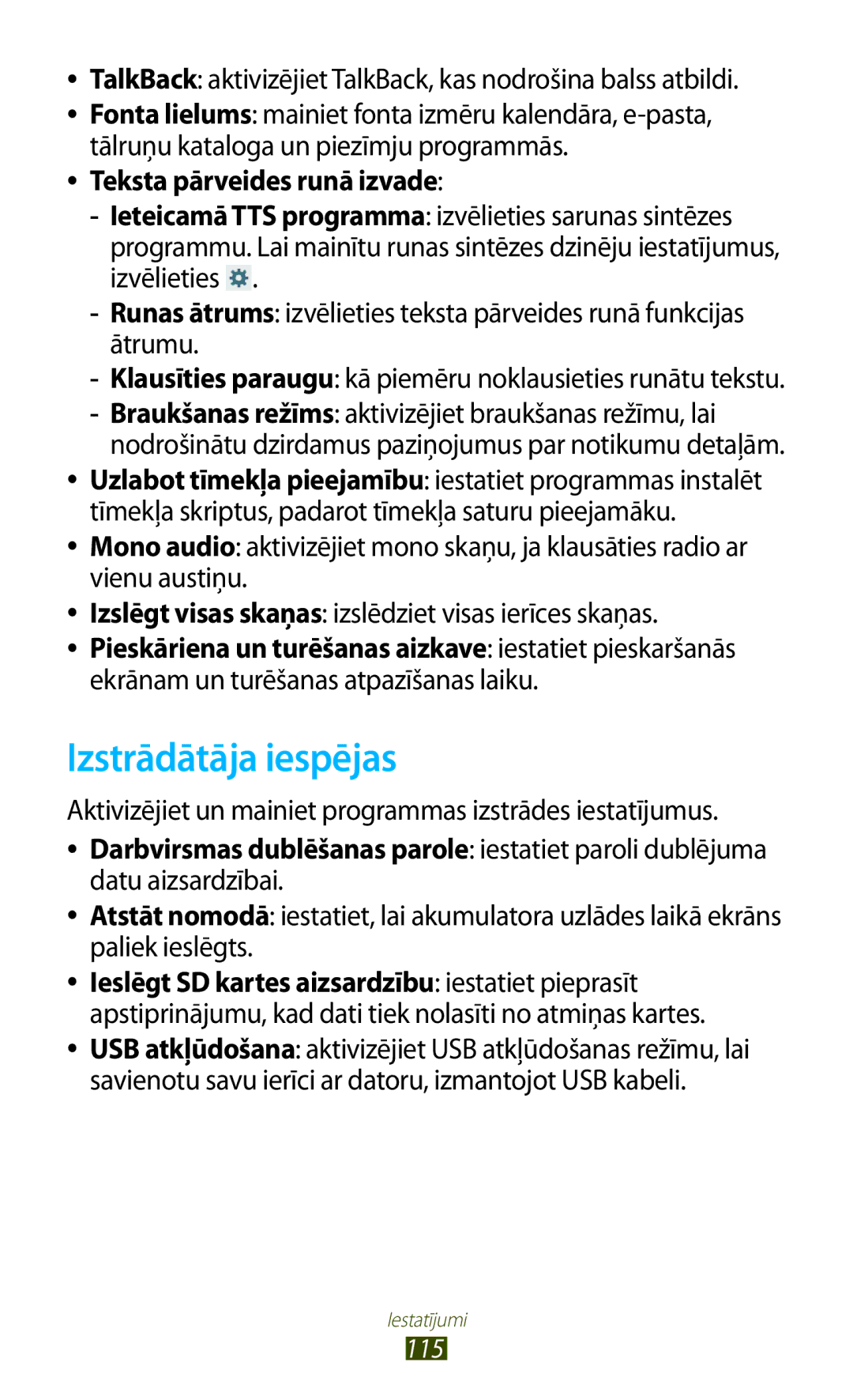 Samsung GT-P3110ZWASEB, GT-P3110TSASEB manual Izstrādātāja iespējas, Teksta pārveides runā izvade 