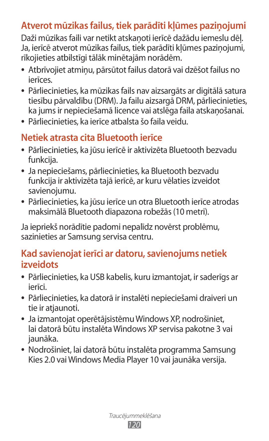 Samsung GT-P3110TSASEB, GT-P3110ZWASEB manual Atverot mūzikas failus, tiek parādīti kļūmes paziņojumi 