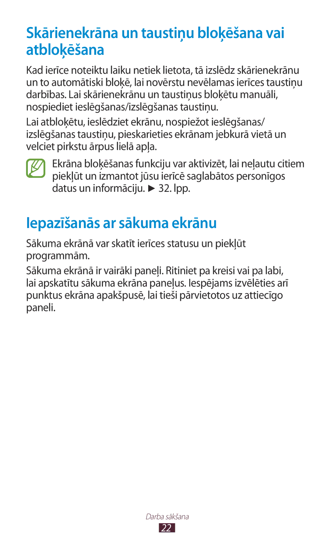 Samsung GT-P3110TSASEB, GT-P3110ZWASEB Skārienekrāna un taustiņu bloķēšana vai atbloķēšana, Iepazīšanās ar sākuma ekrānu 