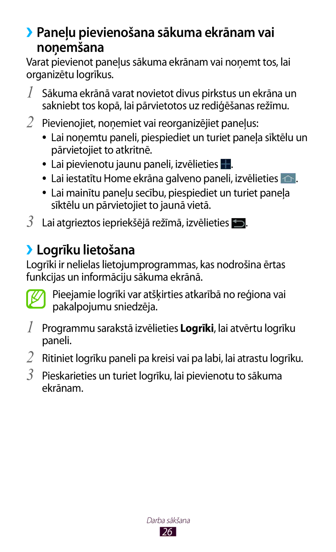 Samsung GT-P3110TSASEB, GT-P3110ZWASEB manual ››Paneļu pievienošana sākuma ekrānam vai noņemšana, ››Logrīku lietošana 