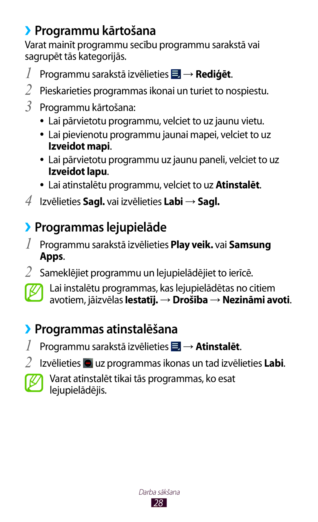 Samsung GT-P3110TSASEB, GT-P3110ZWASEB ››Programmu kārtošana, ››Programmas lejupielāde, ››Programmas atinstalēšana, Apps 