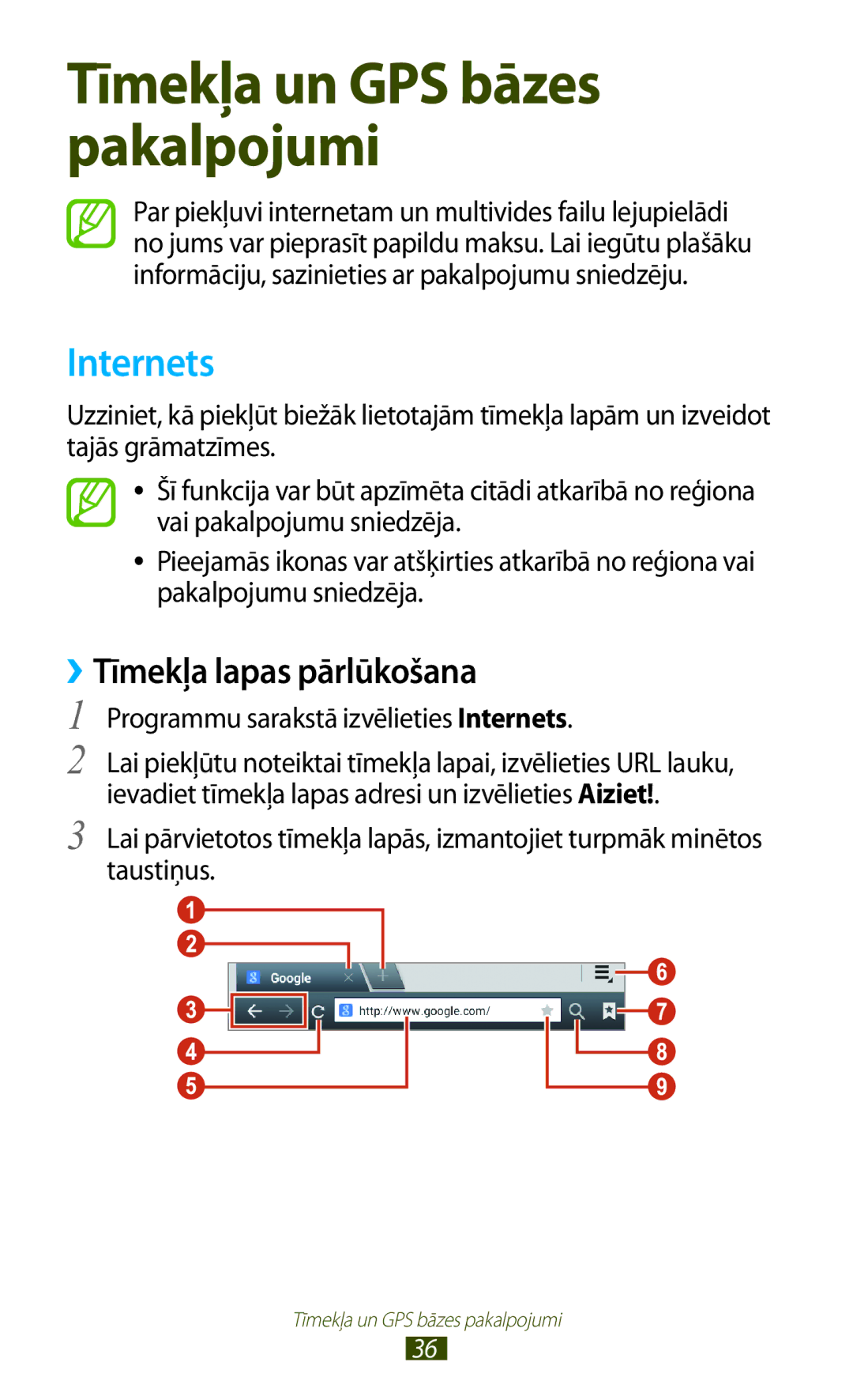 Samsung GT-P3110TSASEB, GT-P3110ZWASEB manual ››Tīmekļa lapas pārlūkošana, Programmu sarakstā izvēlieties Internets 