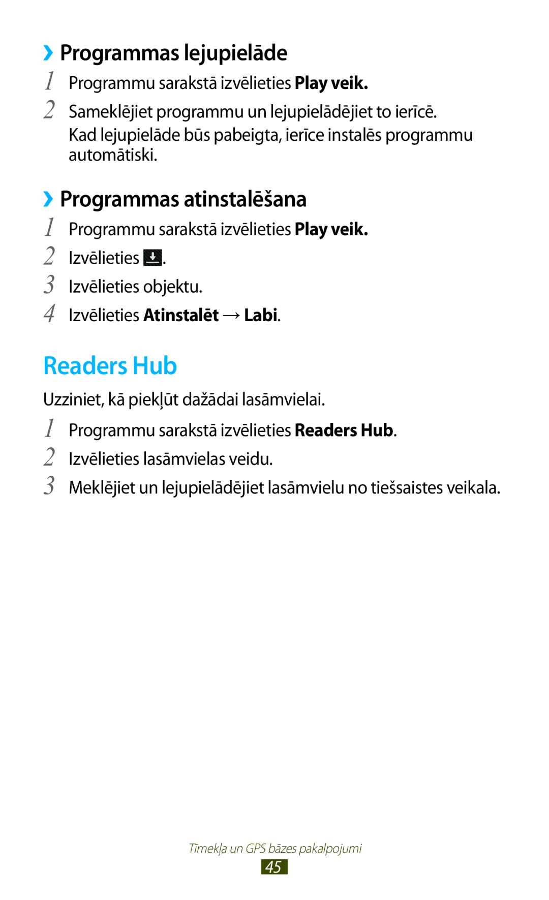 Samsung GT-P3110ZWASEB, GT-P3110TSASEB manual Readers Hub, Izvēlieties Atinstalēt →Labi 