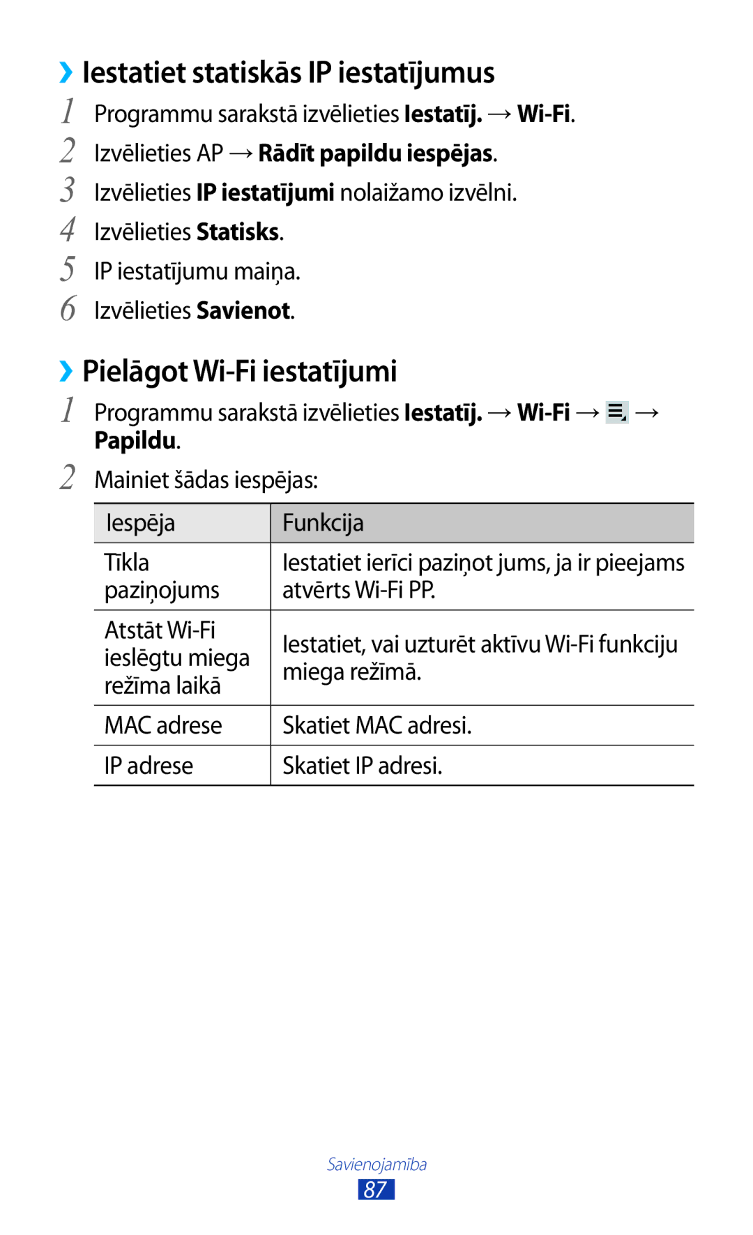 Samsung GT-P3110ZWASEB, GT-P3110TSASEB manual ››Iestatiet statiskās IP iestatījumus, ››Pielāgot Wi-Fi iestatījumi 