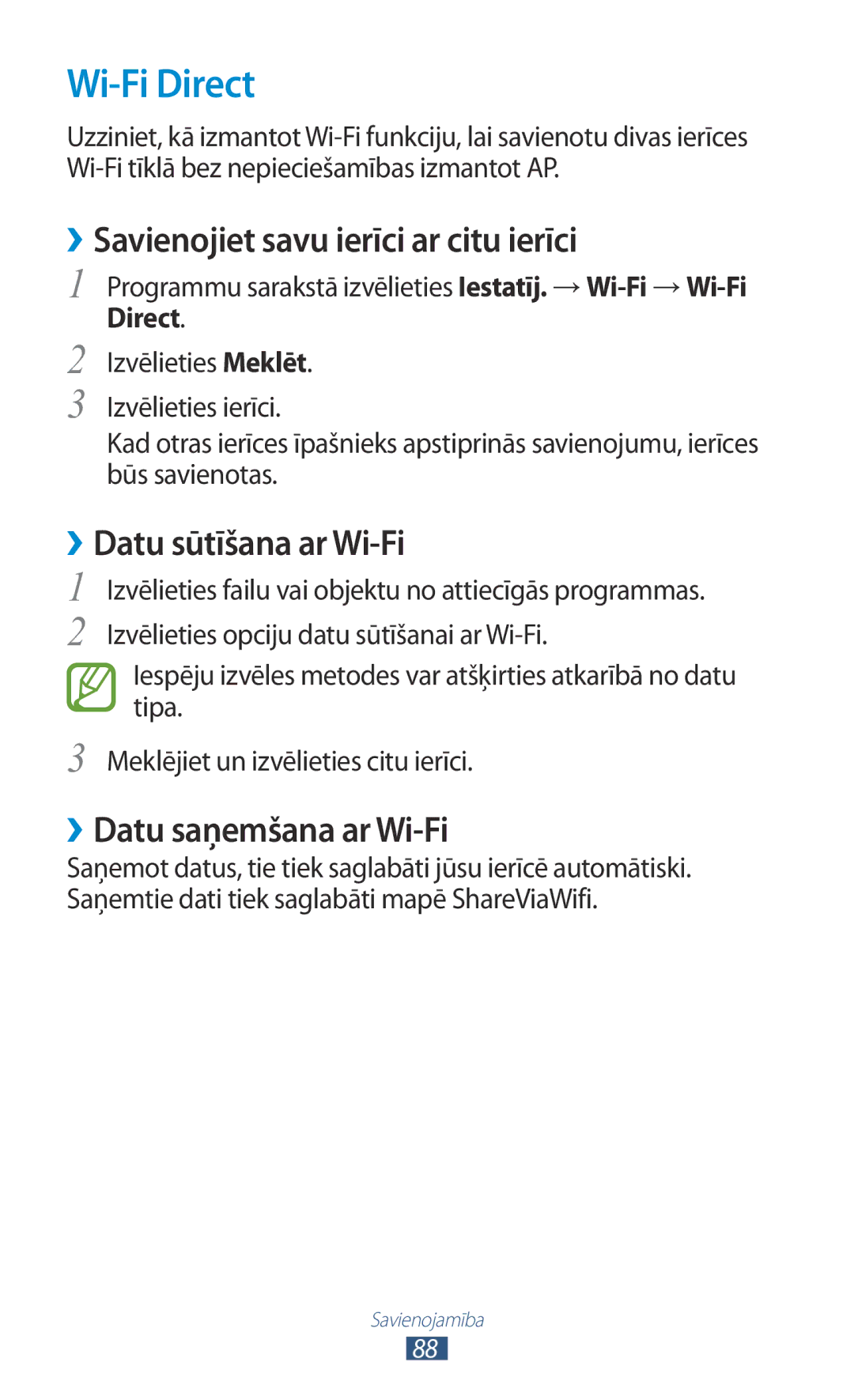 Samsung GT-P3110TSASEB, GT-P3110ZWASEB Wi-Fi Direct, ››Savienojiet savu ierīci ar citu ierīci, ››Datu sūtīšana ar Wi-Fi 