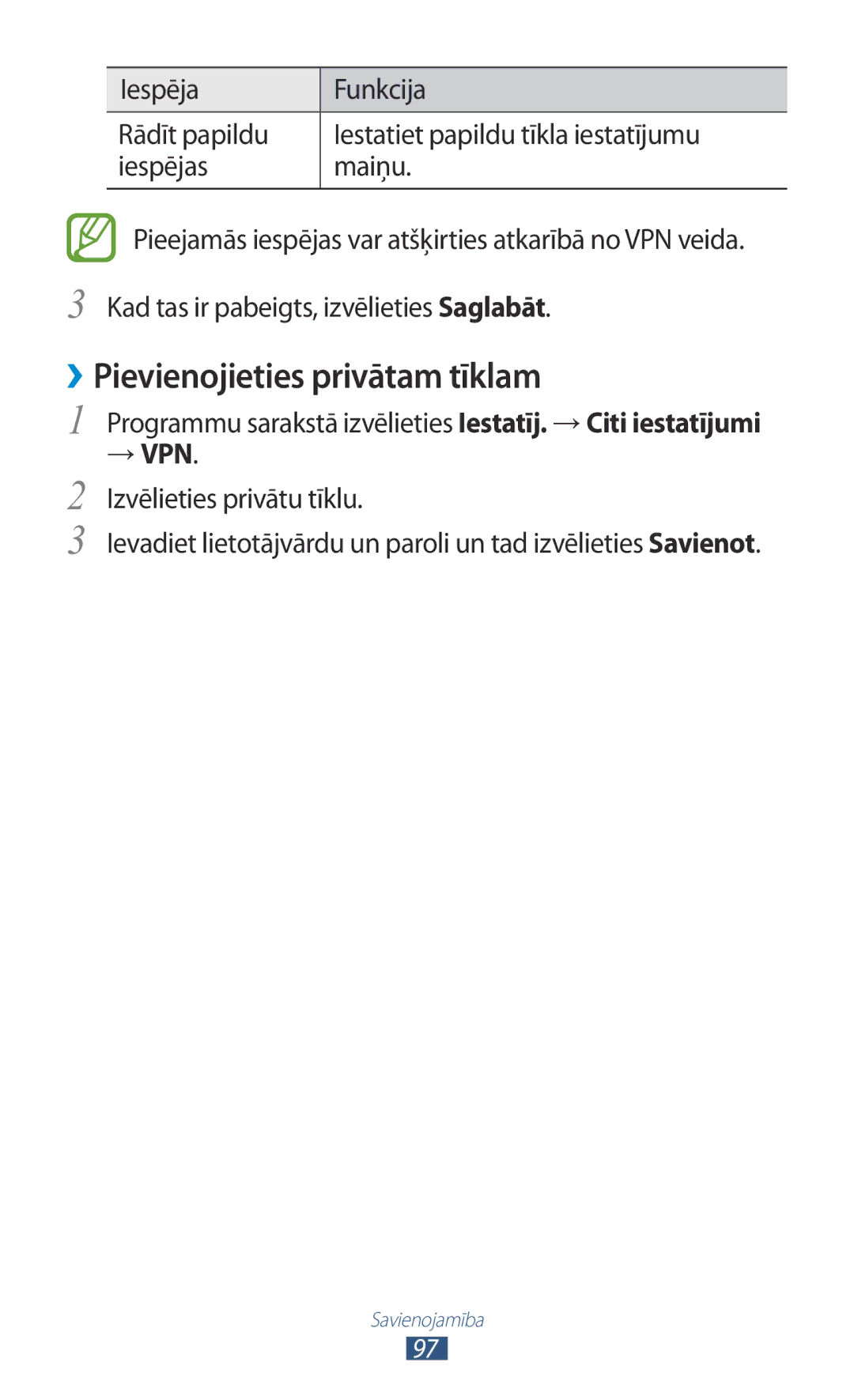 Samsung GT-P3110ZWASEB, GT-P3110TSASEB manual ››Pievienojieties privātam tīklam, → Vpn 