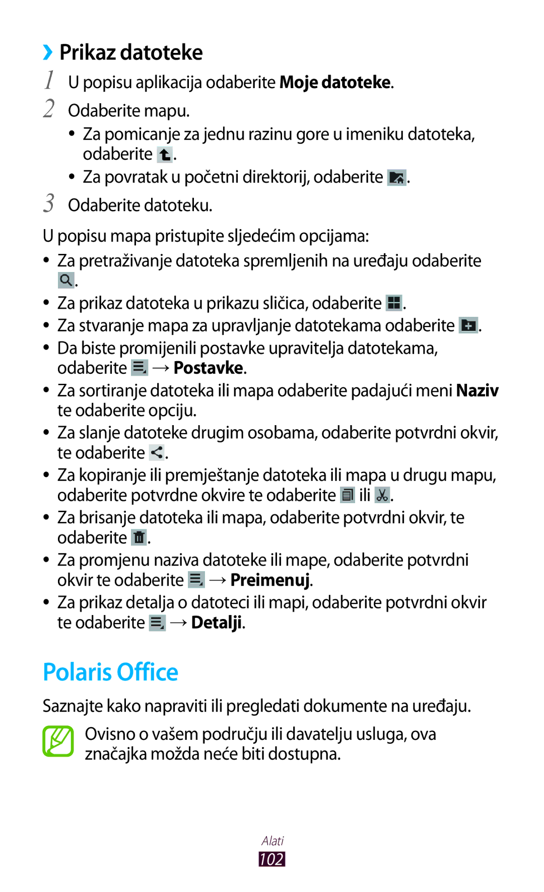Samsung GT-P3110ZWATRA, GT-P3110TSATRA manual Polaris Office, Saznajte kako napraviti ili pregledati dokumente na uređaju 