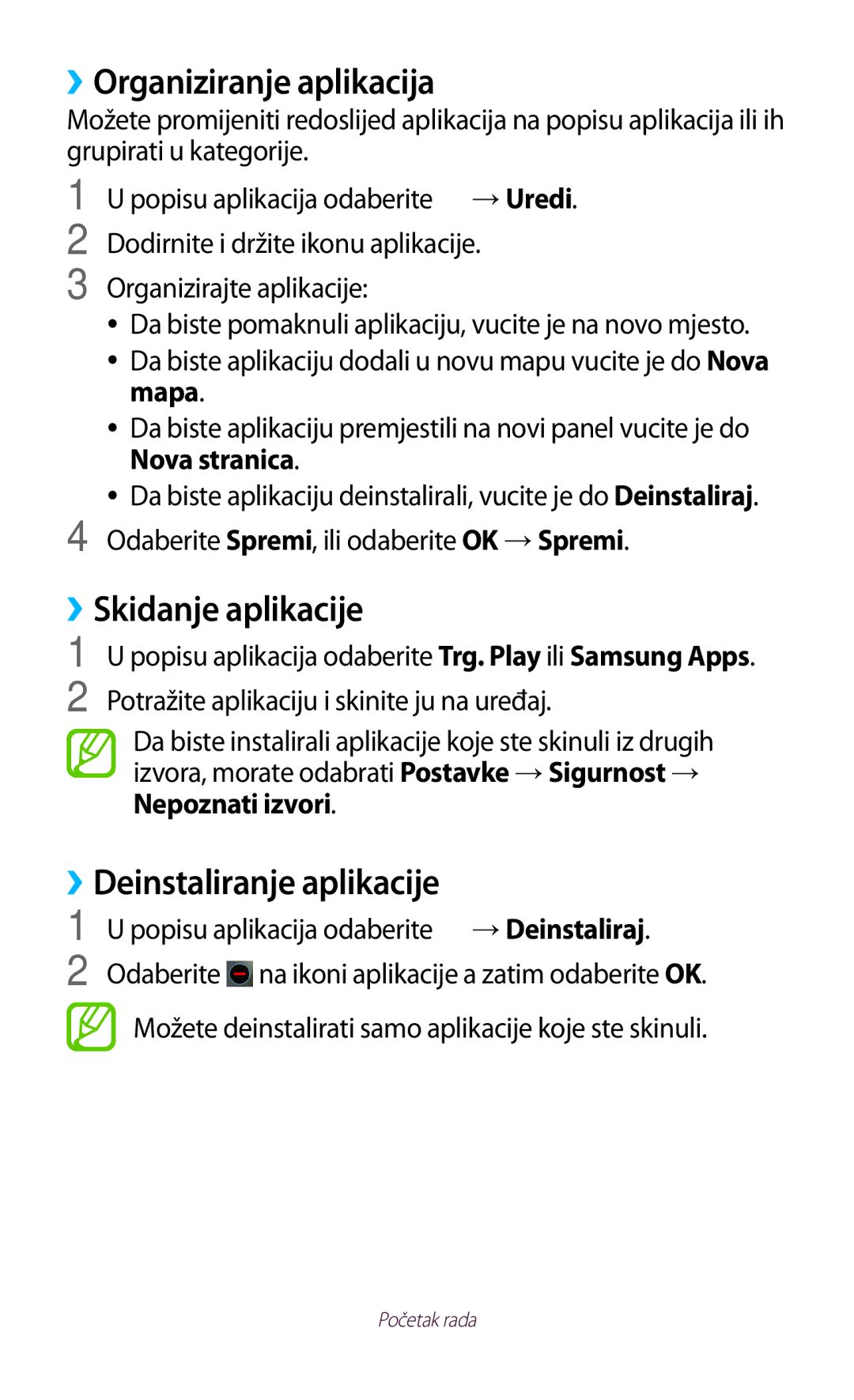 Samsung GT-P3110TSETRA, GT-P3110TSATRA manual ››Organiziranje aplikacija, ››Skidanje aplikacije, ››Deinstaliranje aplikacije 
