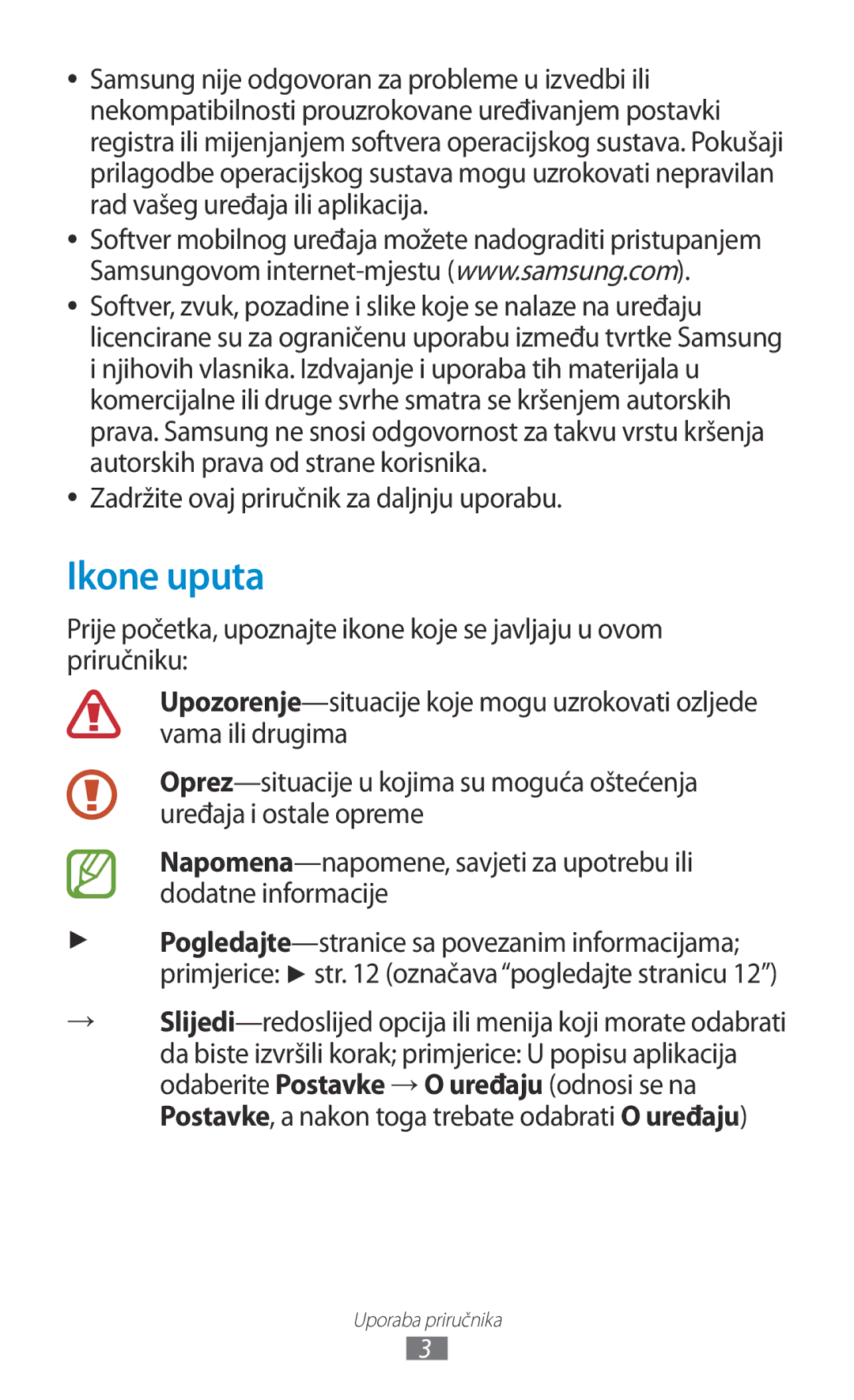 Samsung GT-P3110TSETRA, GT-P3110TSATRA, GT-P3110TSACRG manual Ikone uputa, Zadržite ovaj priručnik za daljnju uporabu 