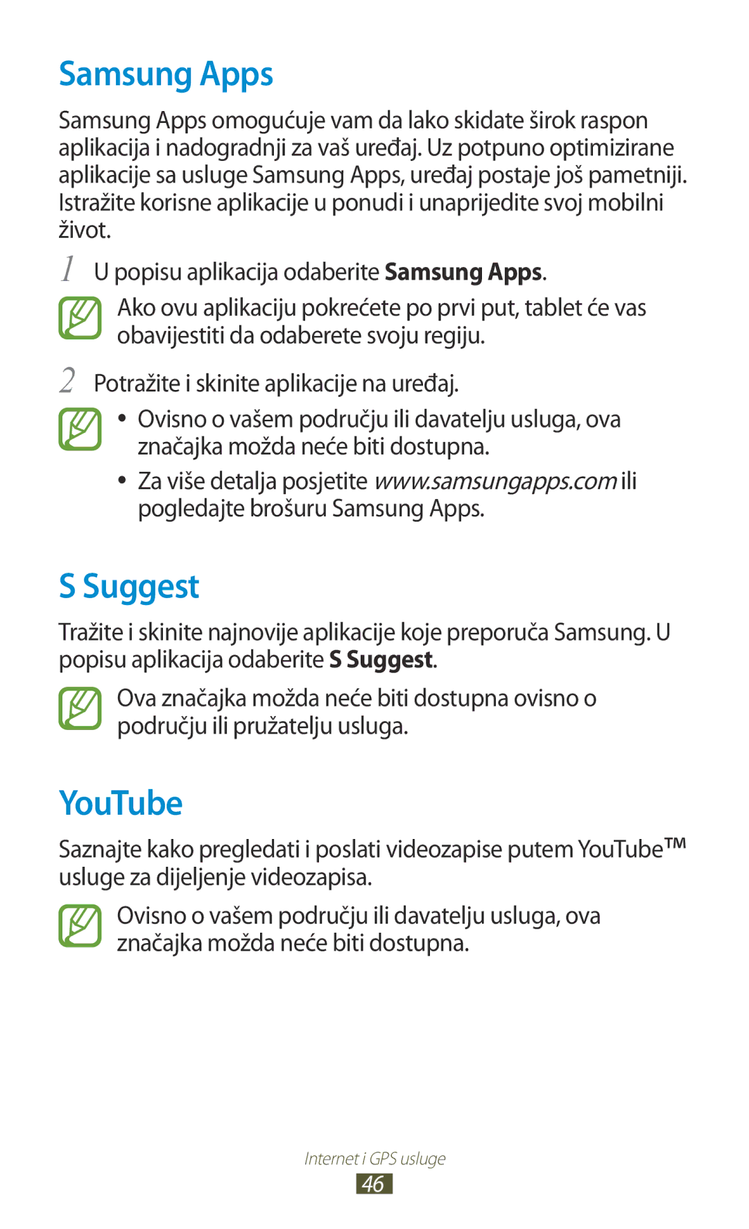 Samsung GT-P3110TSACRG, GT-P3110TSATRA, GT-P3110ZWATRA, GT-P3110TSETRA, GT-P3110GRATRA manual Samsung Apps, Suggest, YouTube 