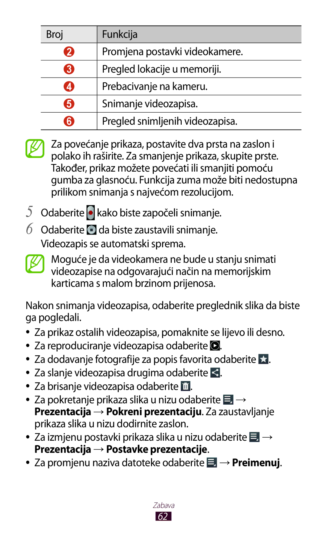 Samsung GT-P3110ZWATRA manual Odaberite kako biste započeli snimanje, Za promjenu naziva datoteke odaberite →Preimenuj 
