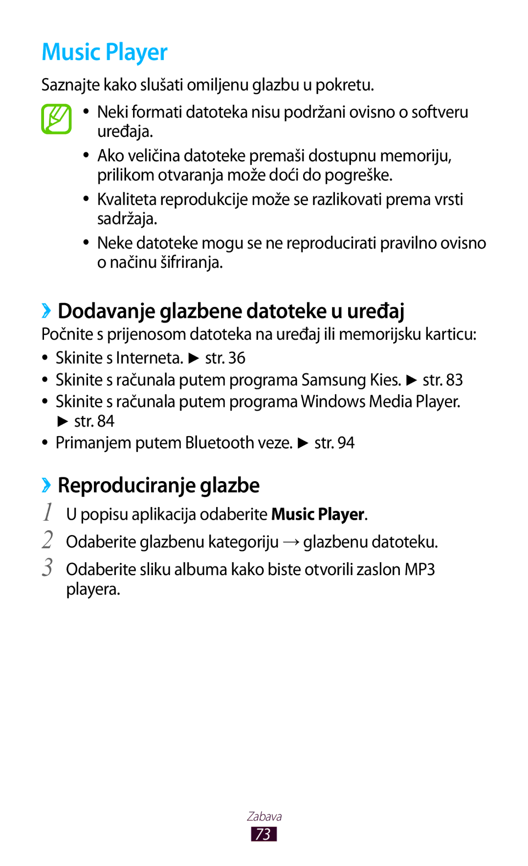 Samsung GT-P3110TSETRA, GT-P3110TSATRA manual Music Player, ››Dodavanje glazbene datoteke u uređaj, ››Reproduciranje glazbe 