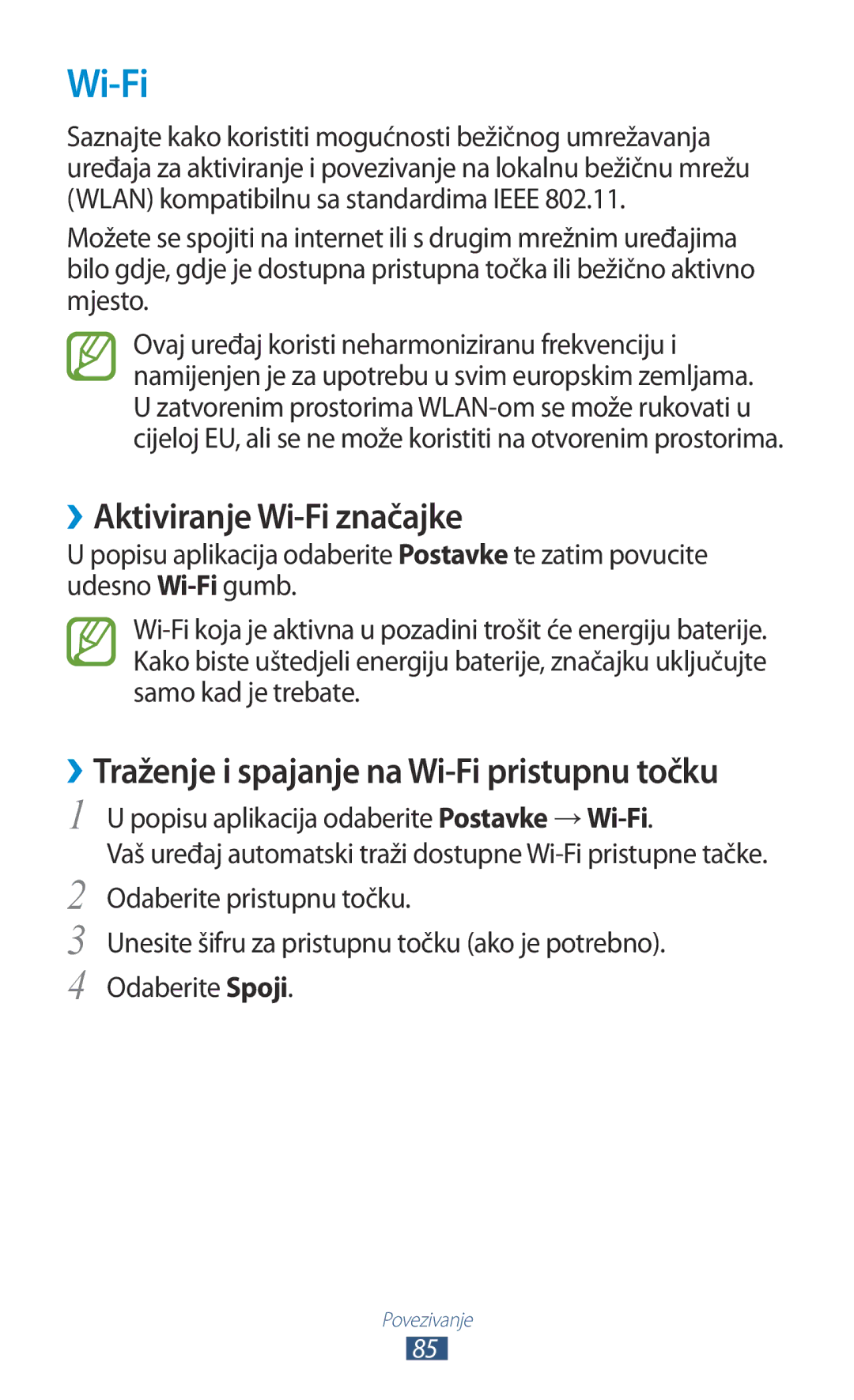 Samsung GT-P3110TSATRA, GT-P3110TSACRG, GT-P3110ZWATRA, GT-P3110TSETRA, GT-P3110GRATRA manual ››Aktiviranje Wi-Fi značajke 