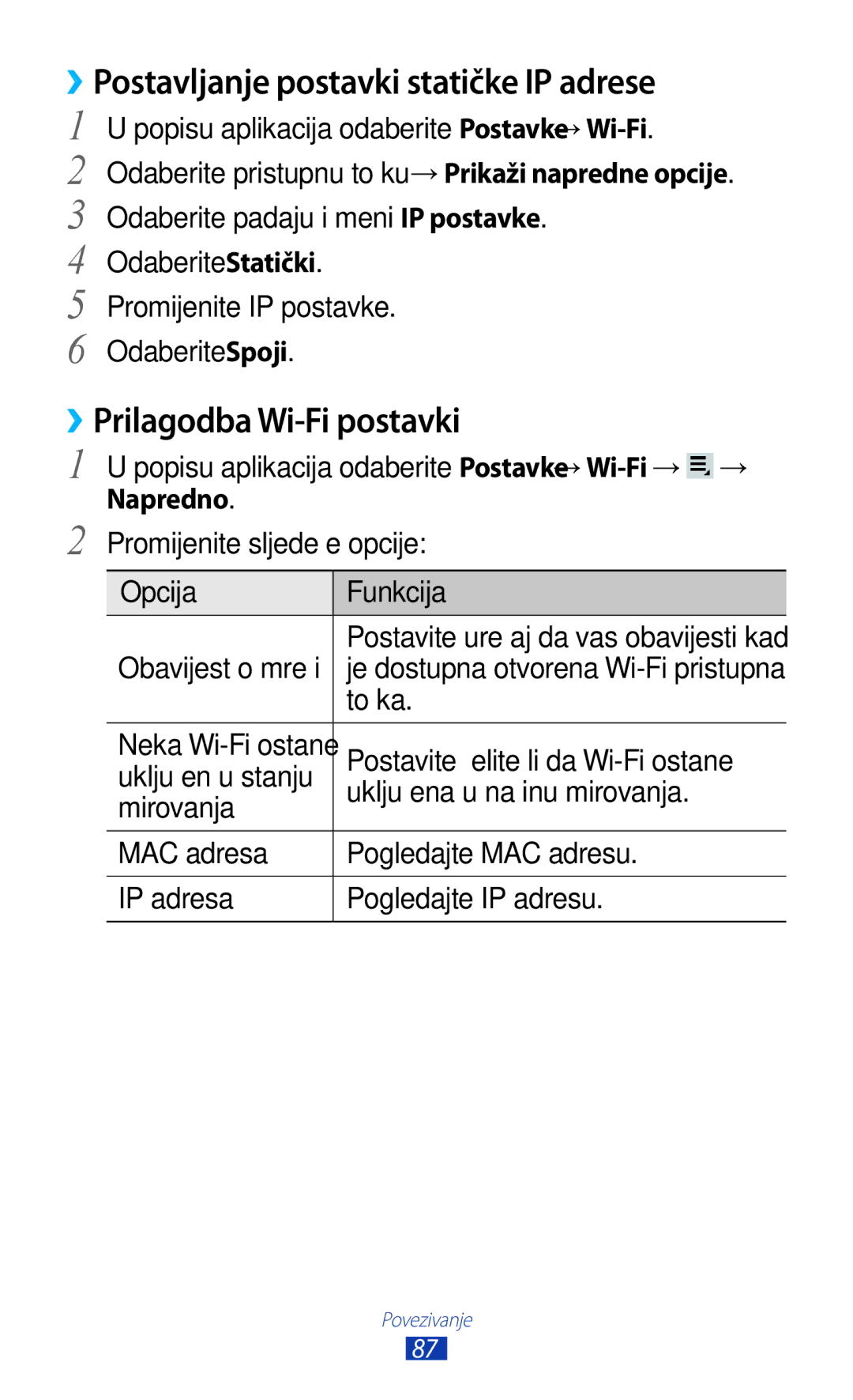 Samsung GT-P3110ZWATRA, GT-P3110TSATRA ››Postavljanje postavki statičke IP adrese, ››Prilagodba Wi-Fi postavki, Napredno 