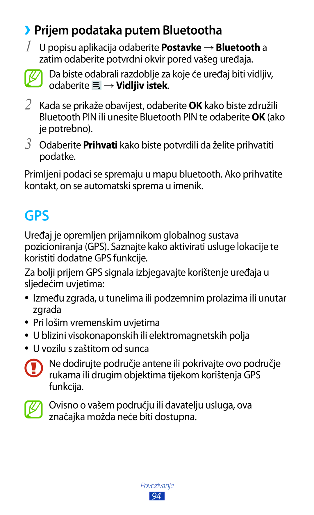 Samsung GT-P3110GRATRA, GT-P3110TSATRA, GT-P3110TSACRG, GT-P3110ZWATRA manual Gps, ››Prijem podataka putem Bluetootha 