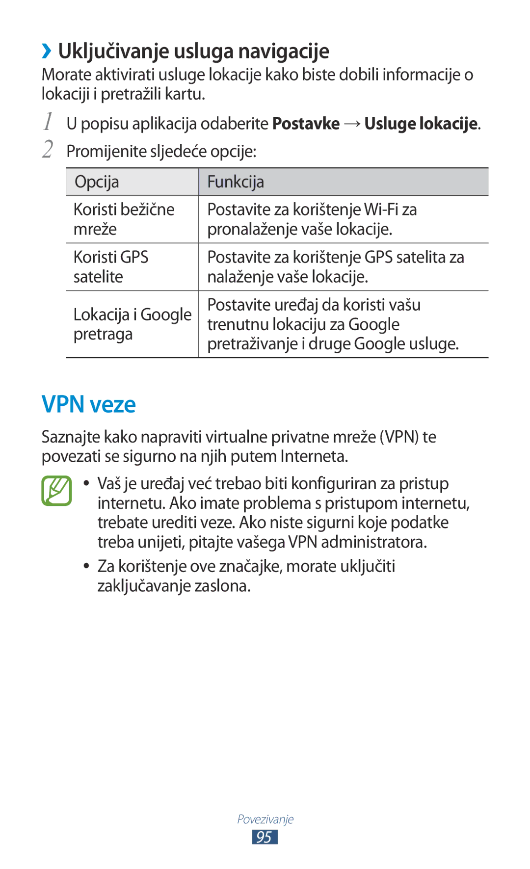 Samsung GT-P3110TSATRA, GT-P3110TSACRG, GT-P3110ZWATRA, GT-P3110TSETRA manual VPN veze, ››Uključivanje usluga navigacije 