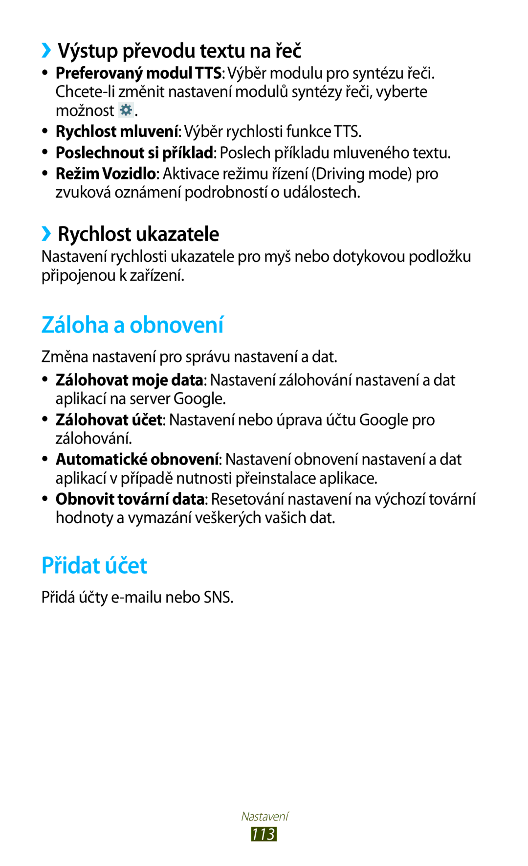 Samsung GT2P3110ZWATMZ manual Záloha a obnovení, Přidat účet, ››Výstup převodu textu na řeč, ››Rychlost ukazatele, 113 