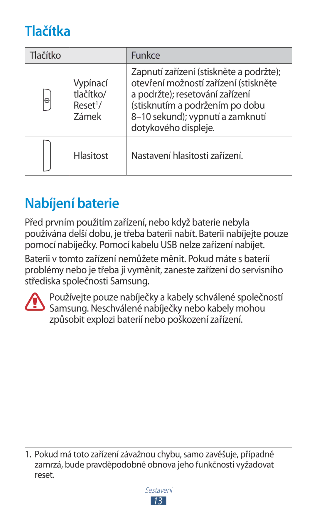 Samsung GT-P3110TSECOA manual Tlačítka, Nabíjení baterie, Tlačítko Funkce Vypínací, Otevření možností zařízení stiskněte 