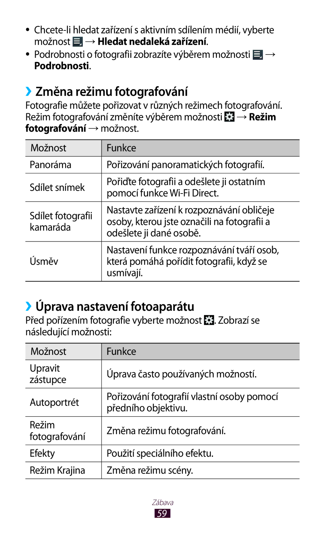 Samsung GT-P3110TSEAUT, GT-P3110TSAXEO, GT-P3110TSAEUR manual ››Změna režimu fotografování, ››Úprava nastavení fotoaparátu 