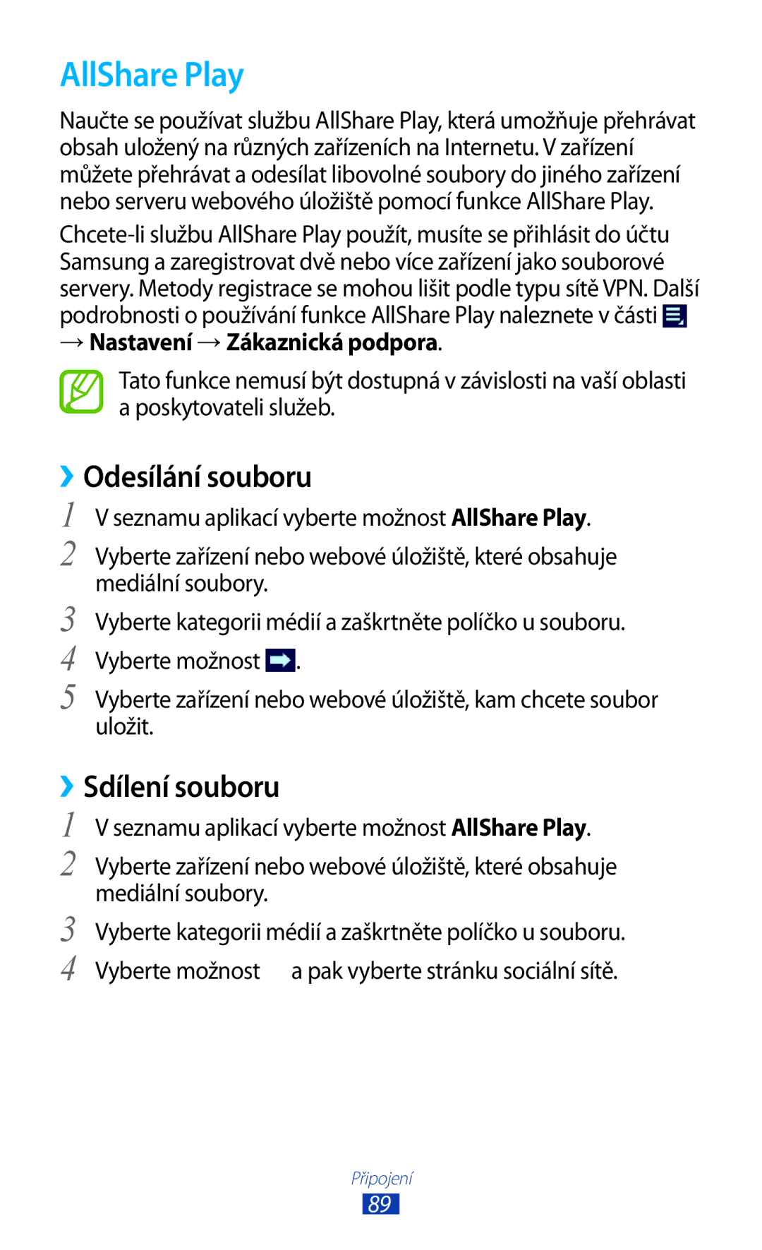 Samsung GT-P3110TSECOA manual AllShare Play, ››Odesílání souboru, ››Sdílení souboru, → Nastavení → Zákaznická podpora 
