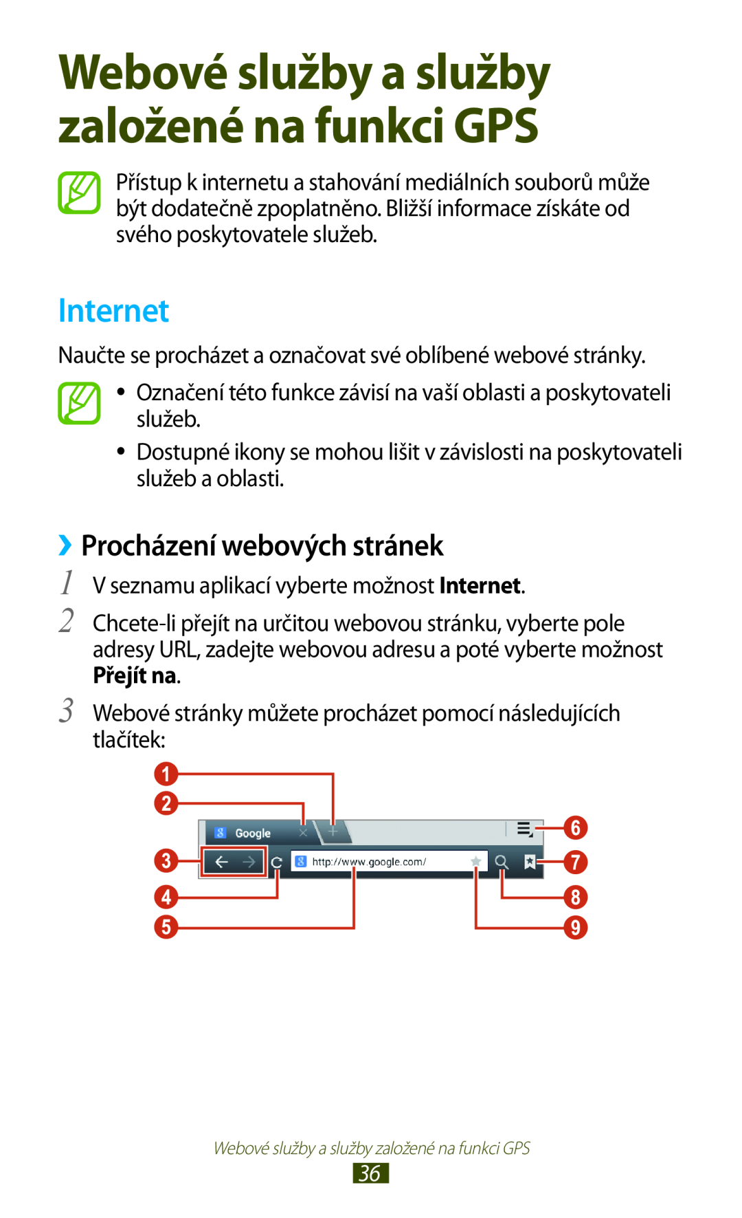 Samsung GT-P3110TSEXSK manual Internet, ››Procházení webových stránek, Webové služby a služby založené na funkci GPS 