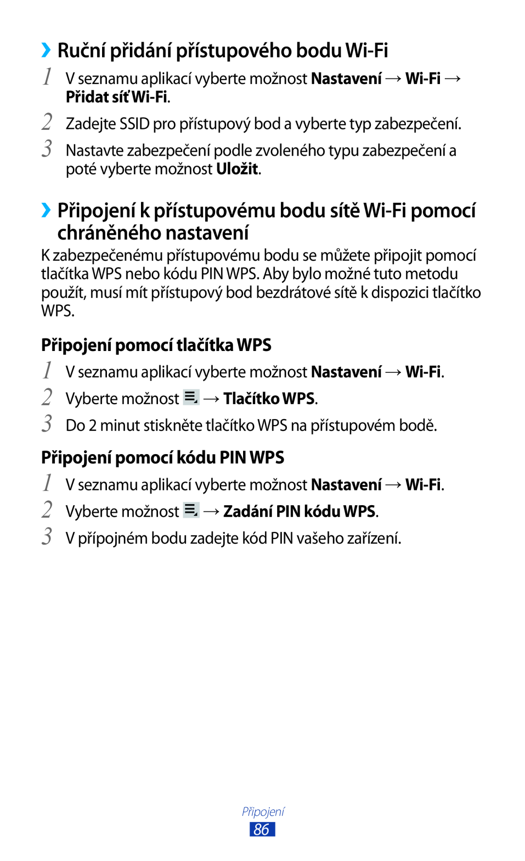 Samsung GT-P3110GREXSK manual ››Ruční přidání přístupového bodu Wi-Fi, Připojení pomocí tlačítka WPS, Přidat síť Wi-Fi 