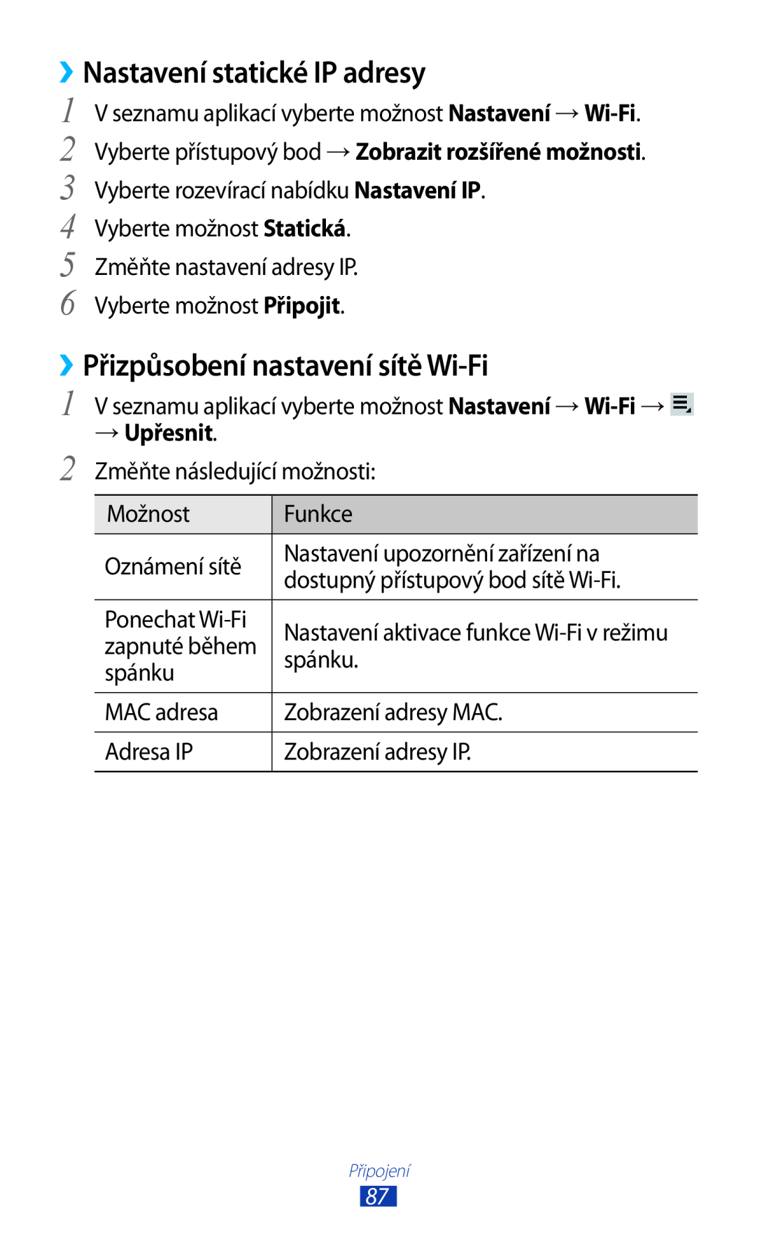 Samsung GT-P3110GRAXSK, GT-P3110TSAXEO ››Nastavení statické IP adresy, ››Přizpůsobení nastavení sítě Wi-Fi, → Upřesnit 