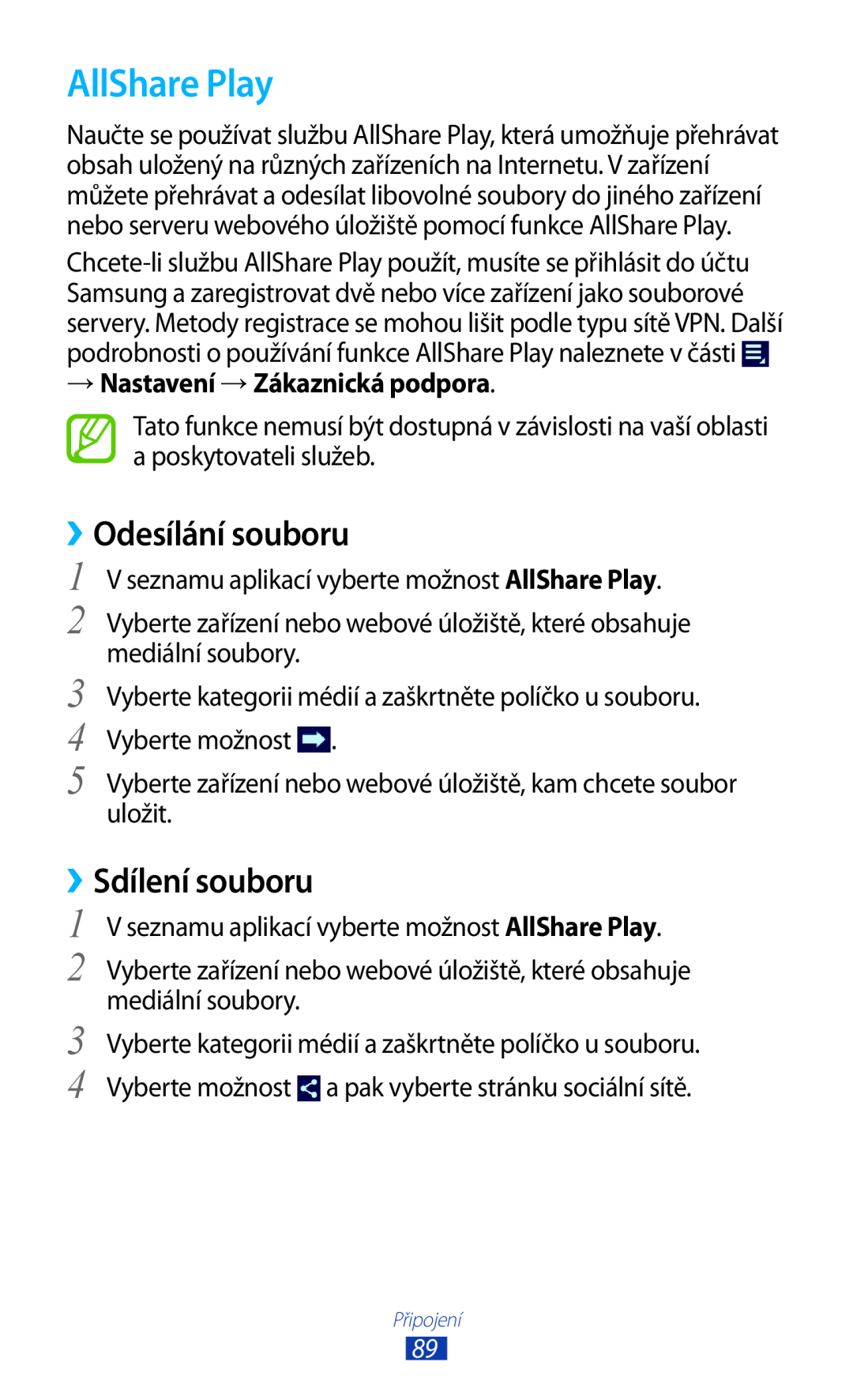 Samsung GT-P3110TSECOA manual AllShare Play, ››Odesílání souboru, ››Sdílení souboru, → Nastavení → Zákaznická podpora 