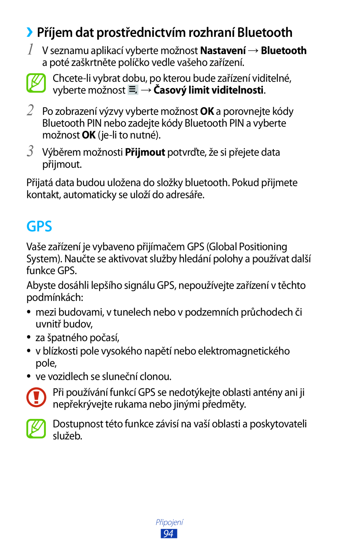 Samsung GT2P3110ZWATMZ, GT-P3110TSAXEO, GT-P3110TSAEUR, GT-P3110TSEAUT manual ››Příjem dat prostřednictvím rozhraní Bluetooth 