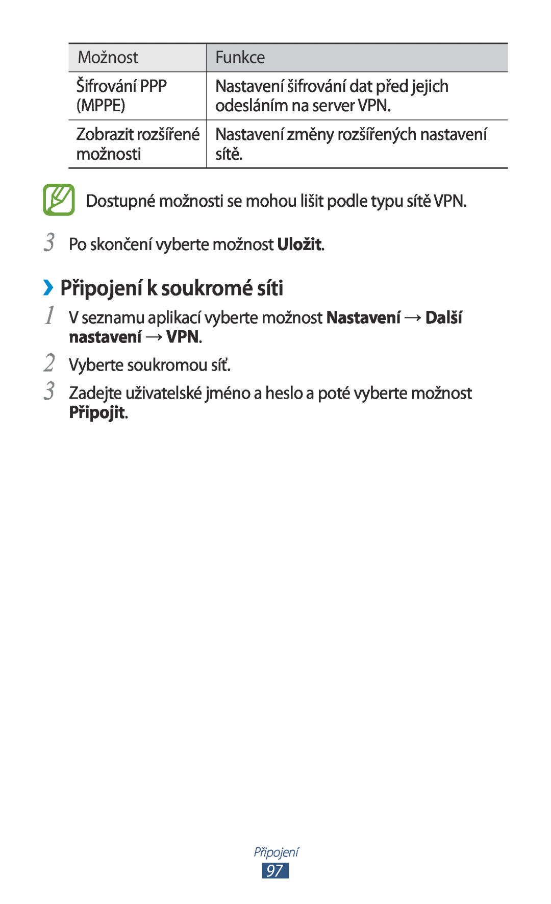 Samsung GT-P3110TSEAUT, GT-P3110TSAXEO, GT-P3110TSAEUR manual ››Připojení k soukromé síti, nastavení → VPN, Připojit 