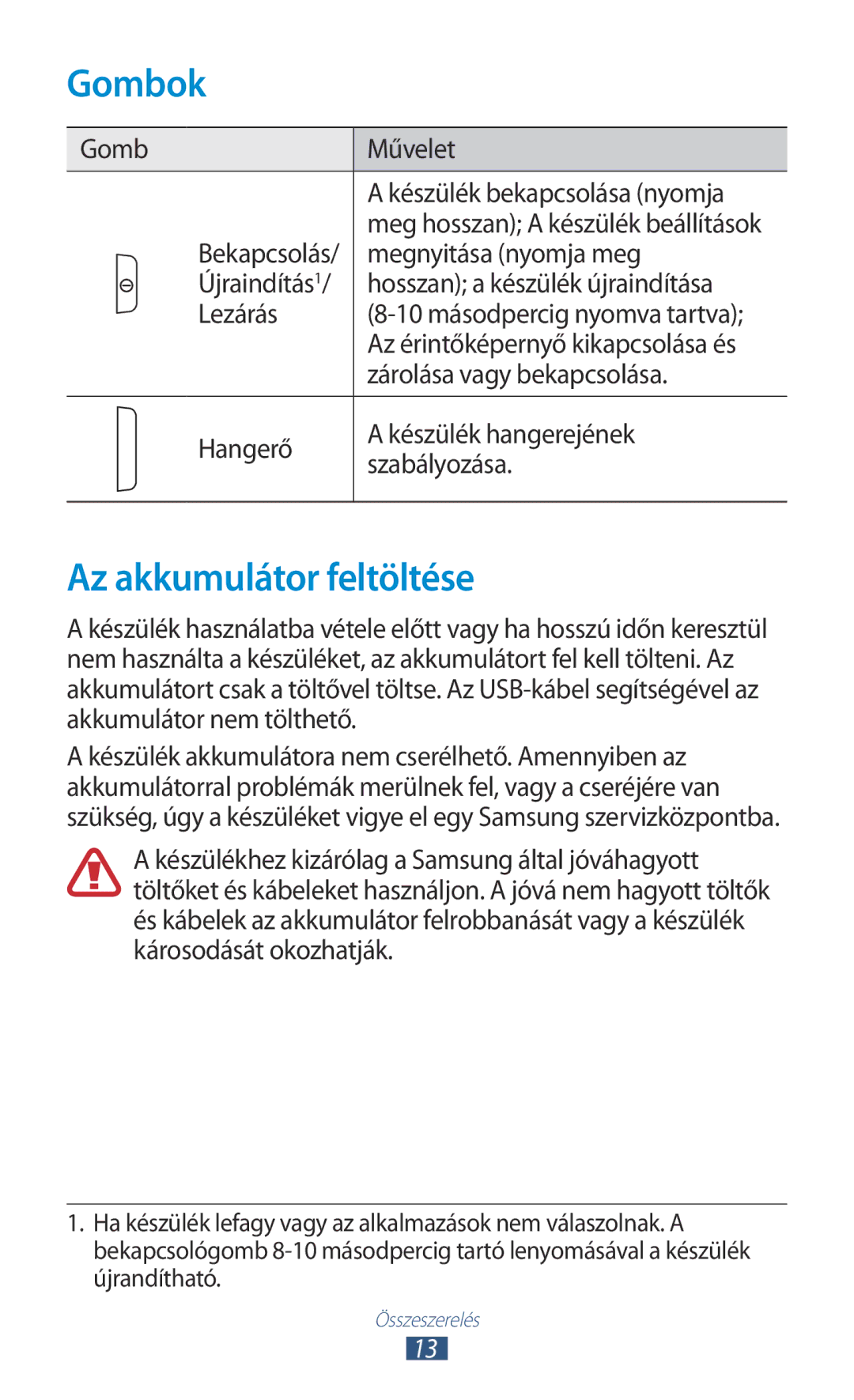 Samsung GT-P3110TSEXEH, GT-P3110TSAXEO, GT-P3110ZWAATO, GT-P3110TSAEUR, GT-P3110TSADBT manual Gombok, Az akkumulátor feltöltése 