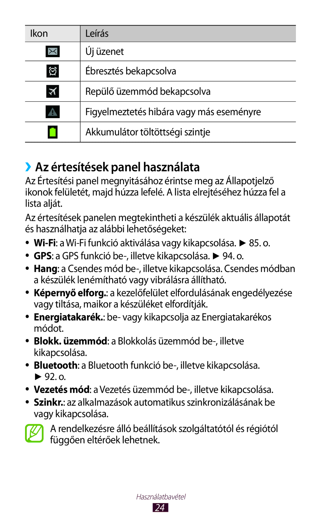 Samsung GT-P3110TSACOA, GT-P3110TSAXEO, GT-P3110ZWAATO, GT-P3110TSAEUR, GT-P3110TSADBT manual ››Az értesítések panel használata 