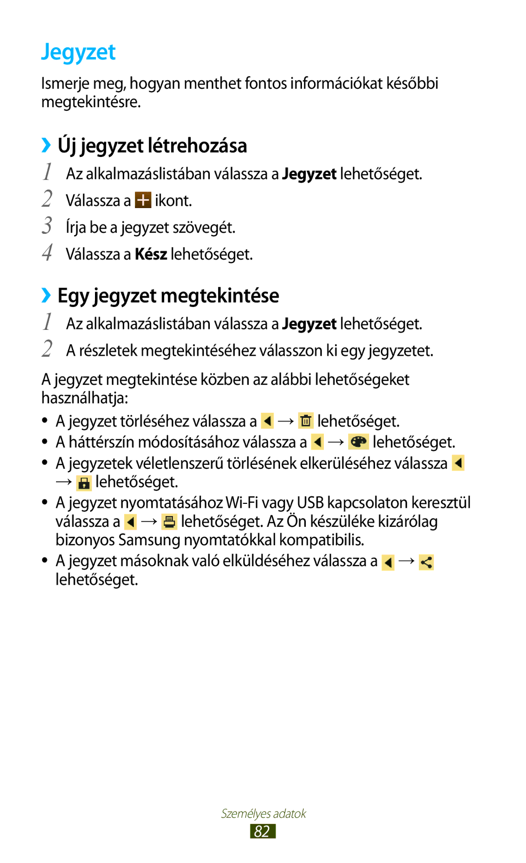 Samsung GT-P3110ZWAXEH, GT-P3110TSAXEO, GT-P3110ZWAATO manual Jegyzet, ››Új jegyzet létrehozása, ››Egy jegyzet megtekintése 