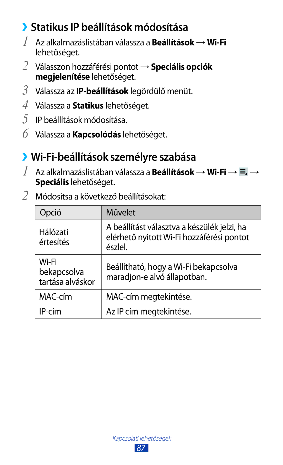 Samsung GT-P3110TSAEUR ››Statikus IP beállítások módosítása, ››Wi-Fi-beállítások személyre szabása, Értesítés, Észlel 