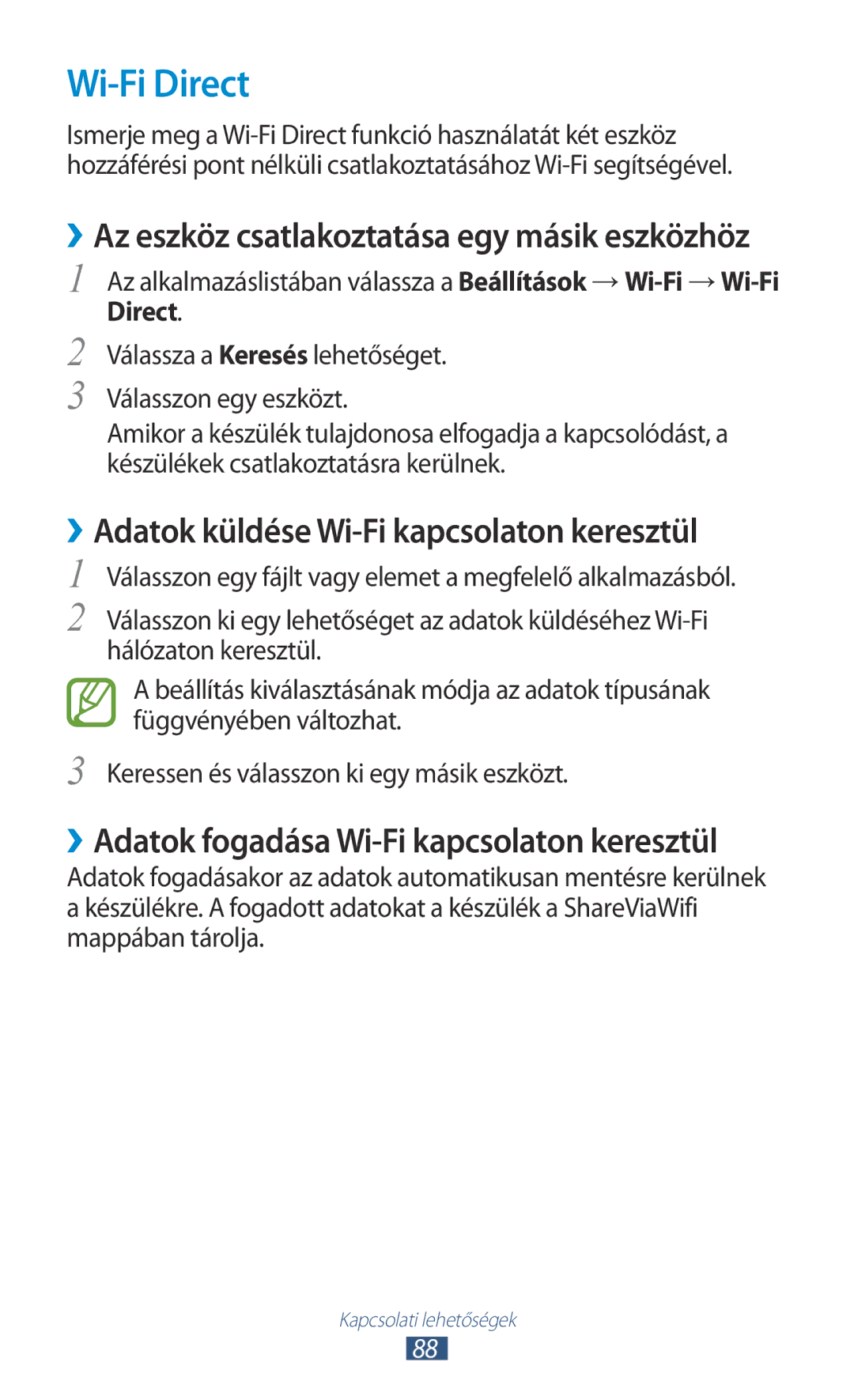 Samsung GT-P3110TSADBT, GT-P3110TSAXEO, GT-P3110ZWAATO manual Wi-Fi Direct, ››Adatok küldése Wi-Fi kapcsolaton keresztül 