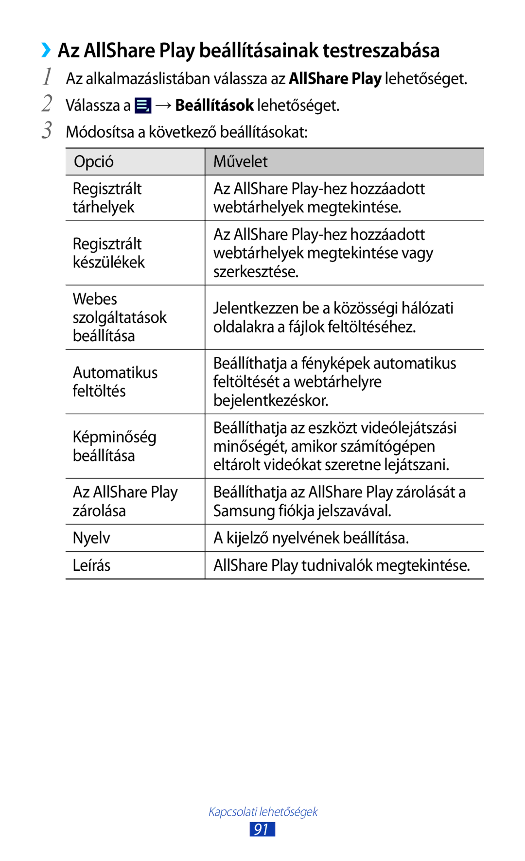 Samsung GT-P3110TSAATO, GT-P3110TSAXEO, GT-P3110ZWAATO, GT-P3110TSAEUR manual ››Az AllShare Play beállításainak testreszabása 