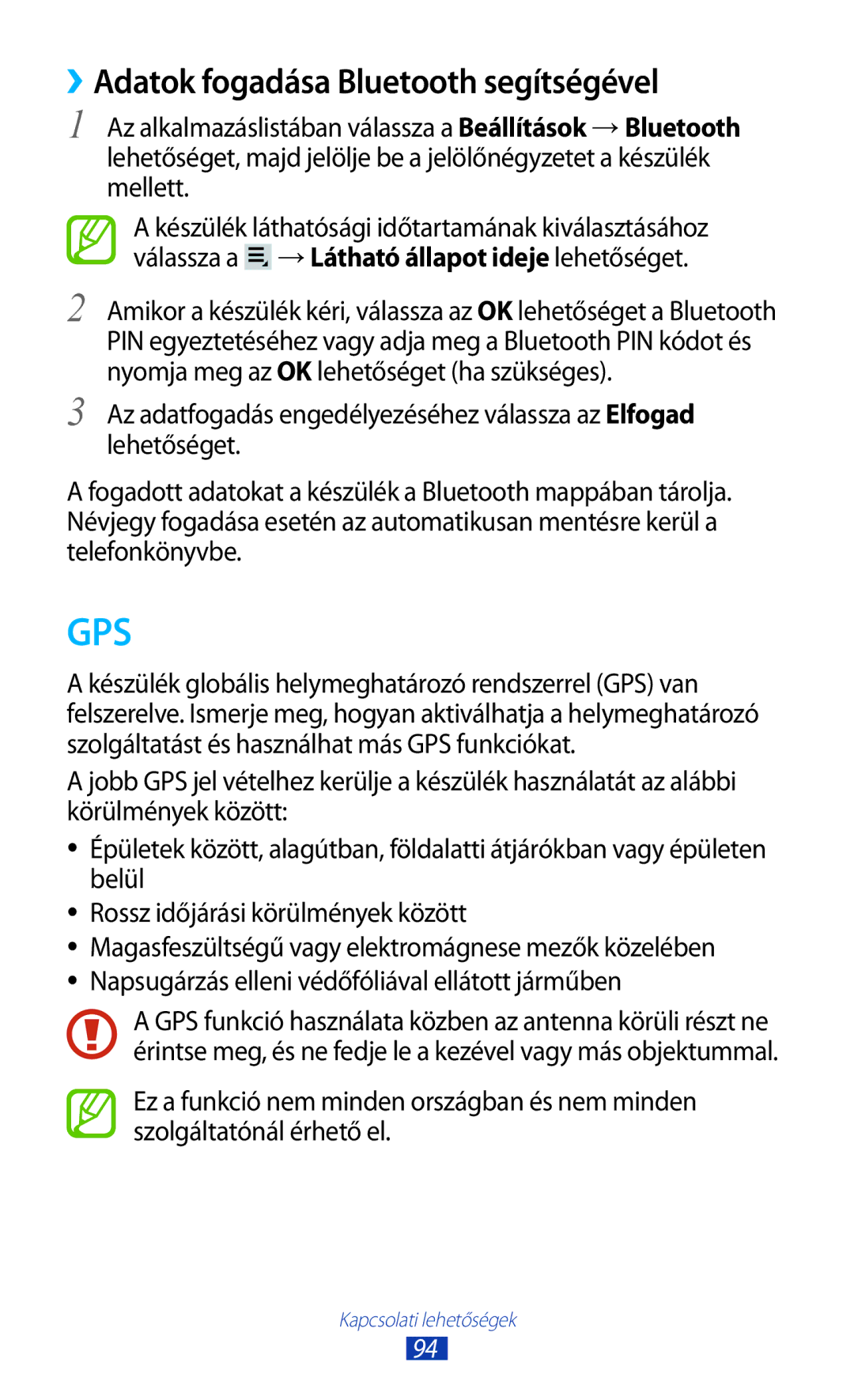 Samsung GT-P3110TSECOA, GT-P3110TSAXEO, GT-P3110ZWAATO, GT-P3110TSAEUR manual Gps, ››Adatok fogadása Bluetooth segítségével 