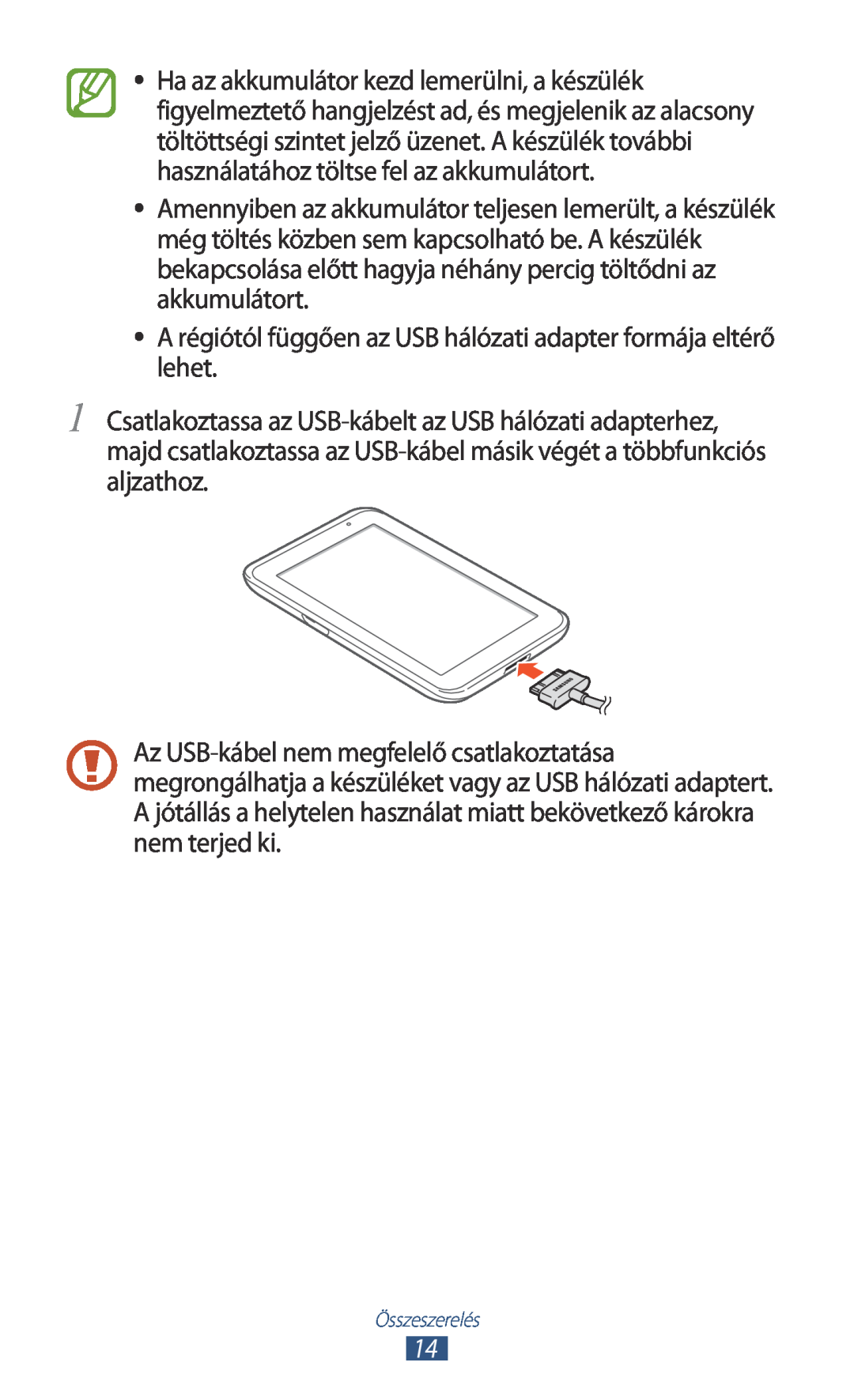 Samsung GT-P3110ZWAXEH, GT-P3110TSAXEO, GT-P3110ZWAATO manual A régiótól függően az USB hálózati adapter formája eltérő lehet 