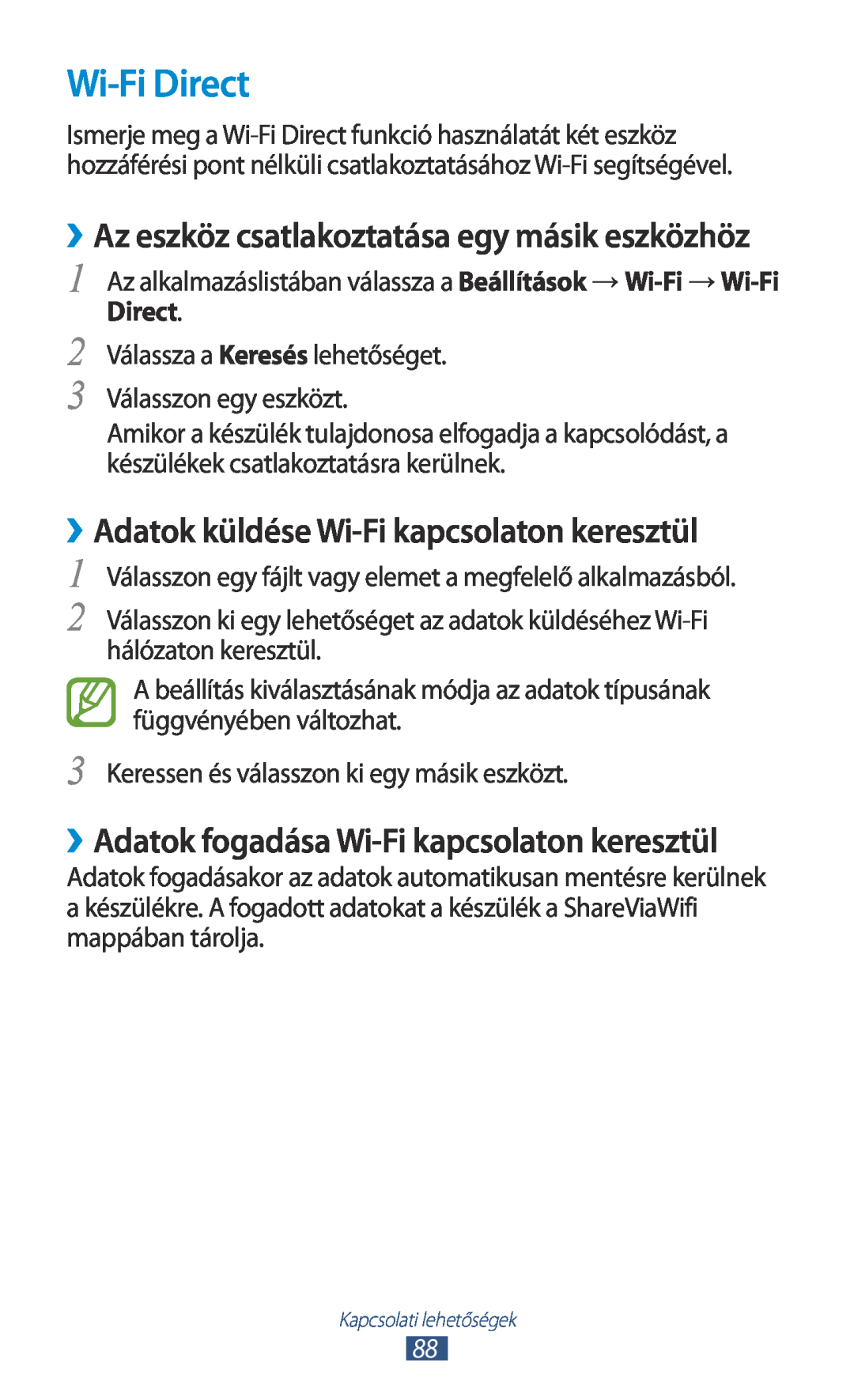 Samsung GT-P3110TSADBT, GT-P3110TSAXEO, GT-P3110ZWAATO manual Wi-Fi Direct, ››Adatok küldése Wi-Fi kapcsolaton keresztül 
