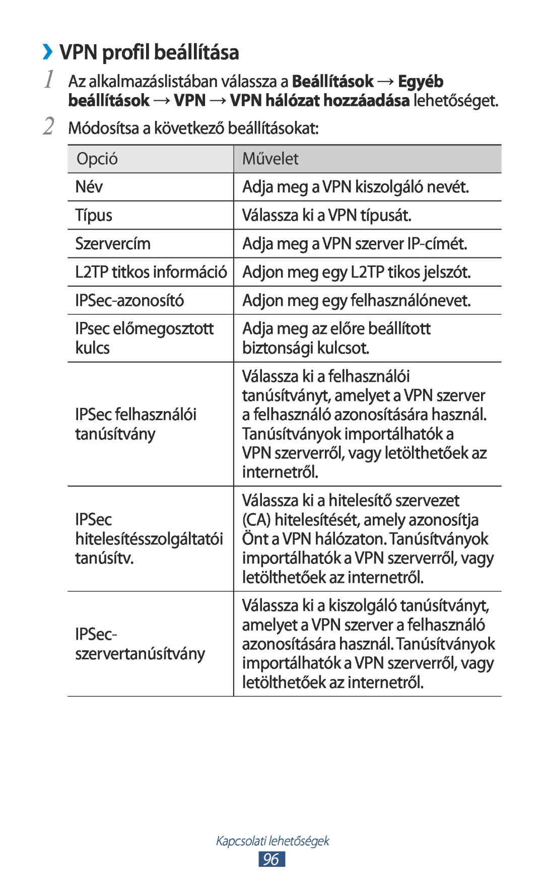 Samsung GT-P3110TSAXEH manual ››VPN profil beállítása, Adja meg a VPN kiszolgáló nevét, Adja meg a VPN szerver IP-címét 
