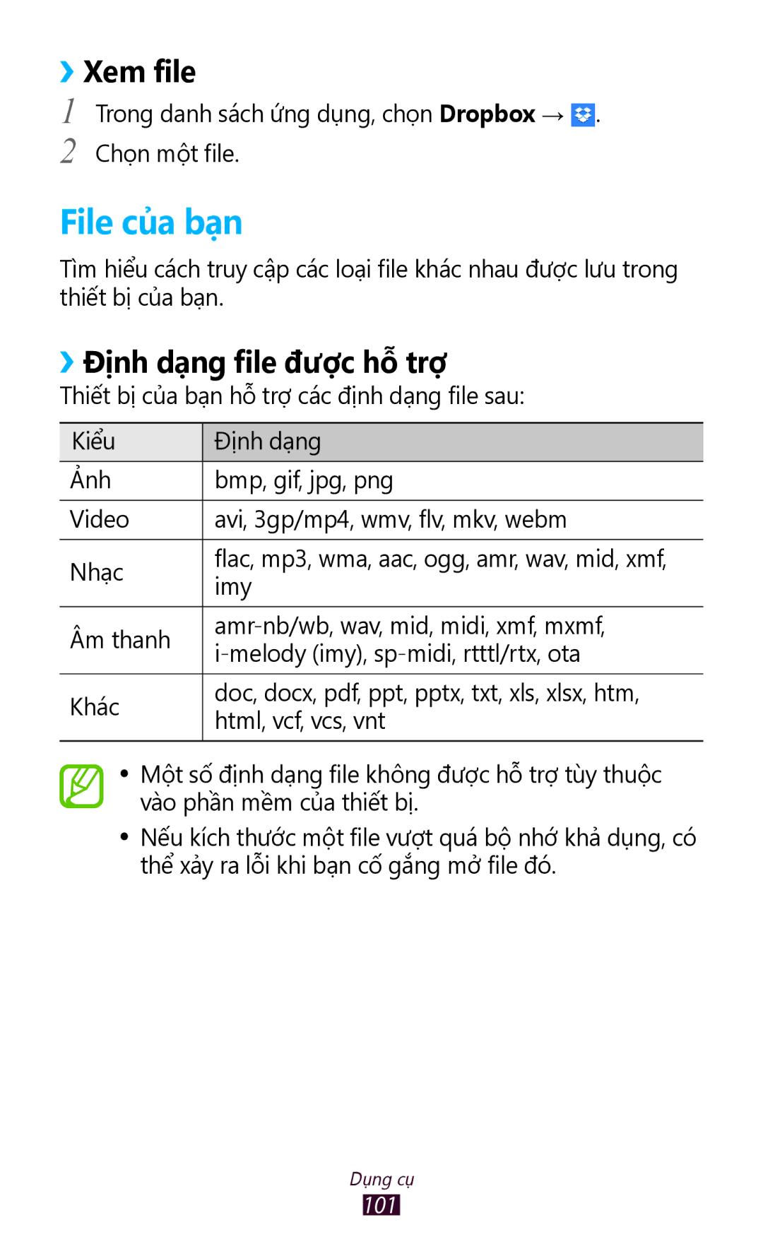 Samsung GT-P3110TSAXXV manual File của bạn, ››Xem file, ››Định dạng file được hỗ trợ 