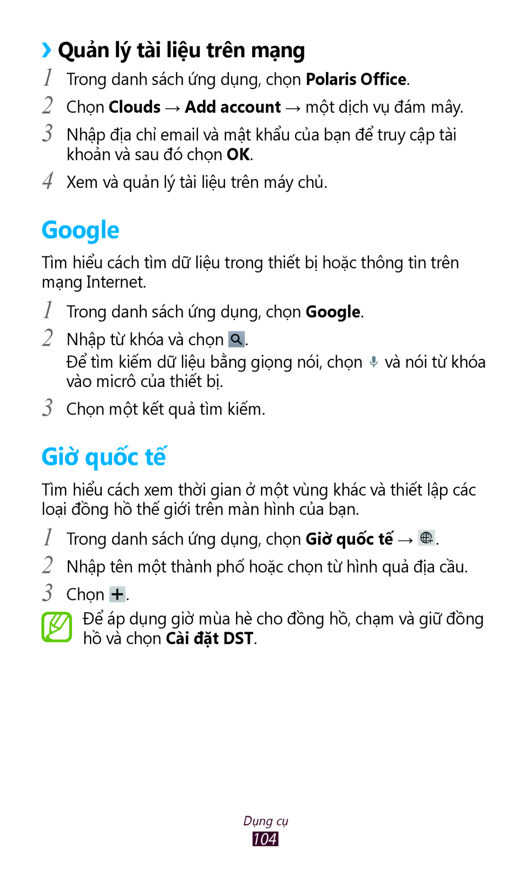Samsung GT-P3110TSAXXV manual Google, Giờ quốc tế, ››Quản lý tài liệu trên mạng 