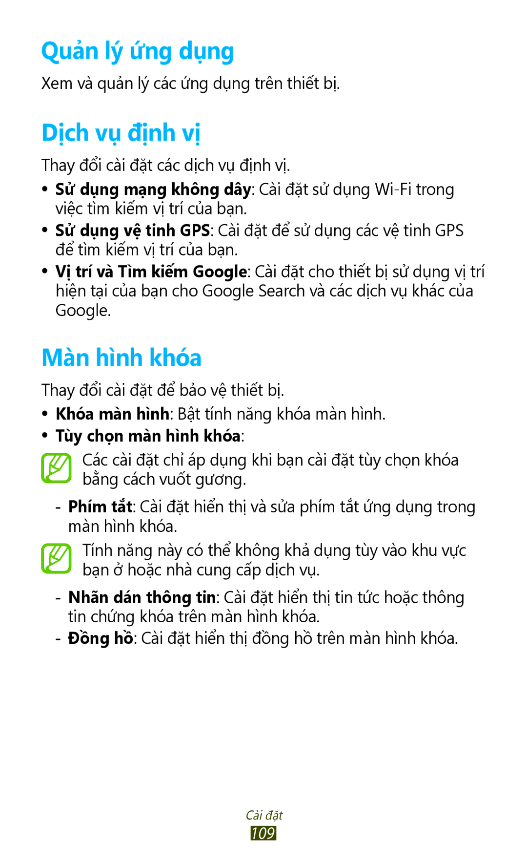Samsung GT-P3110TSAXXV manual Quản lý ứng dụng, Dịch vụ định vị, Màn hì̀nh khóa 