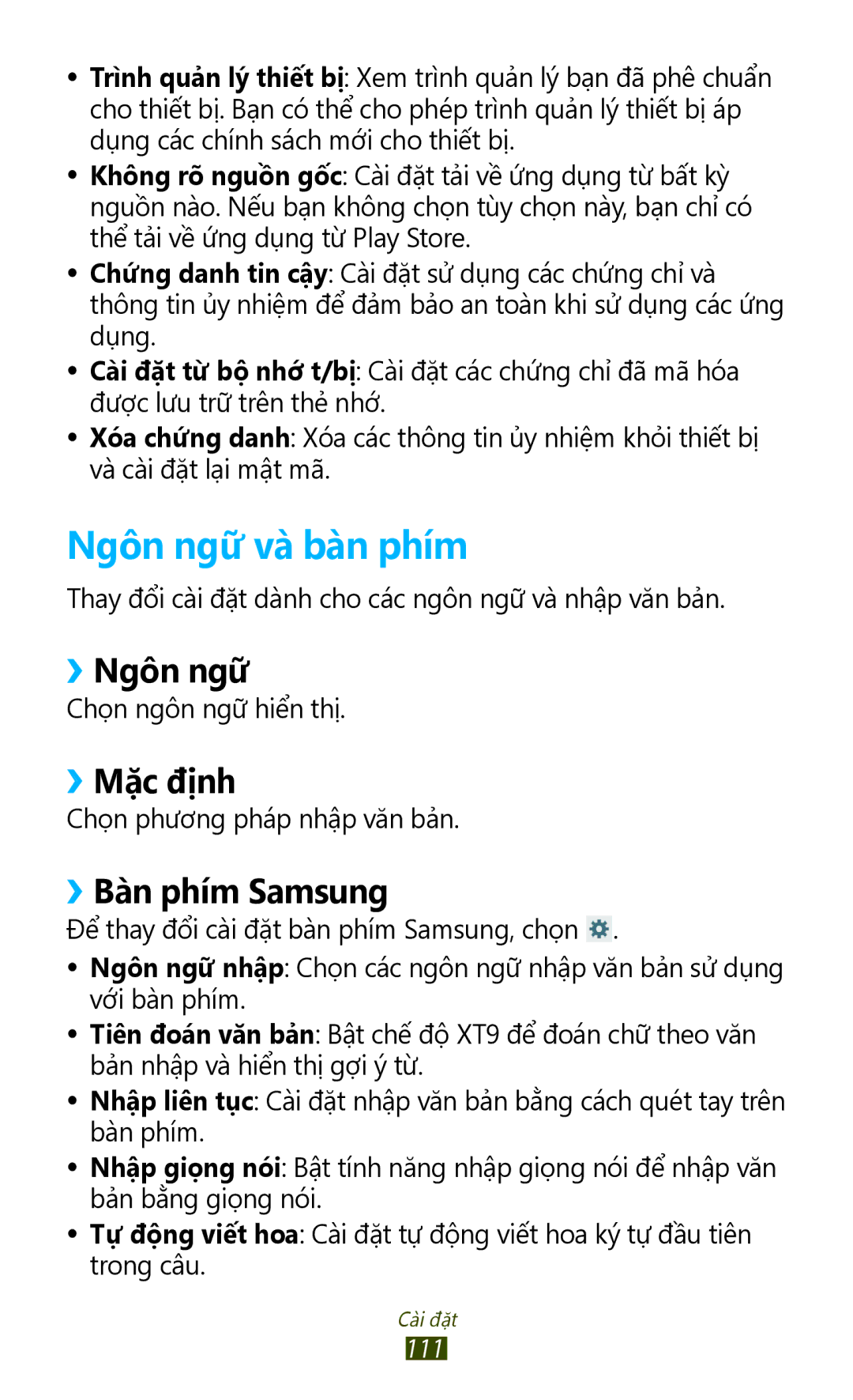 Samsung GT-P3110TSAXXV manual Ngôn ngữ và ban phim, ››Ngôn ngữ, ››Mặc định, ››Bàn phím Samsung 