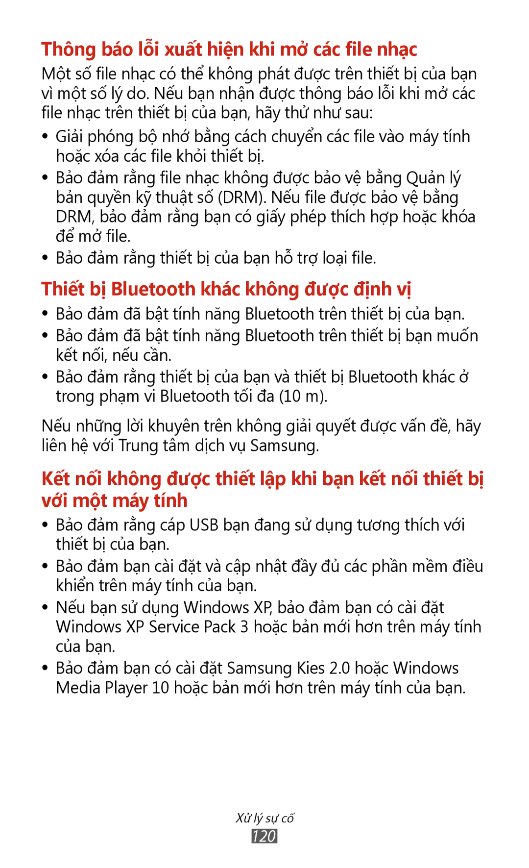 Samsung GT-P3110TSAXXV manual Thông báo lỗi xuất hiện khi mở các file nhạc 