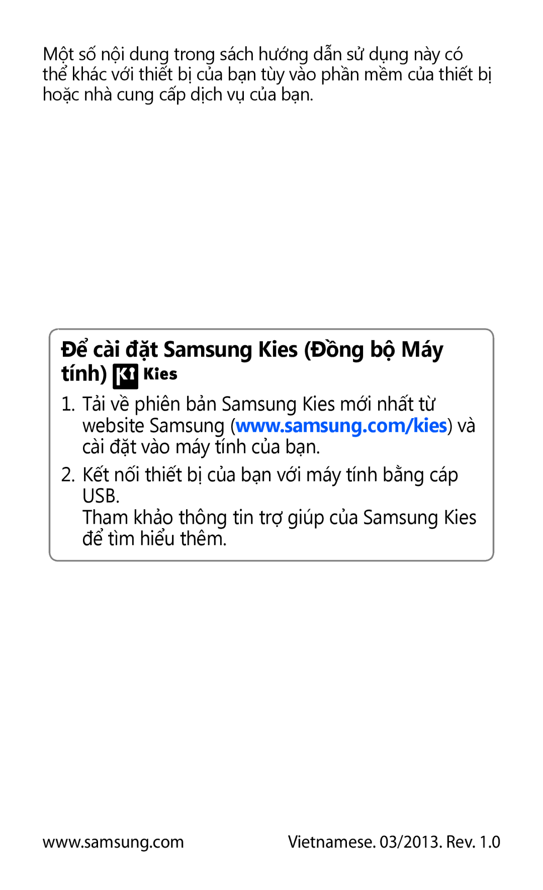 Samsung GT-P3110TSAXXV manual Để cài đặt Samsung Kies Đồng bộ Máy tính 