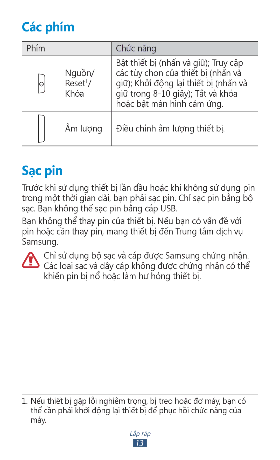 Samsung GT-P3110TSAXXV manual Các phím, Sạc pin 