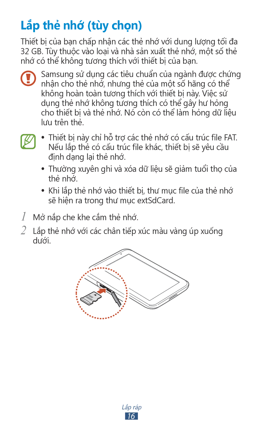 Samsung GT-P3110TSAXXV manual Lăp thẻ nhơ tùy chọn 