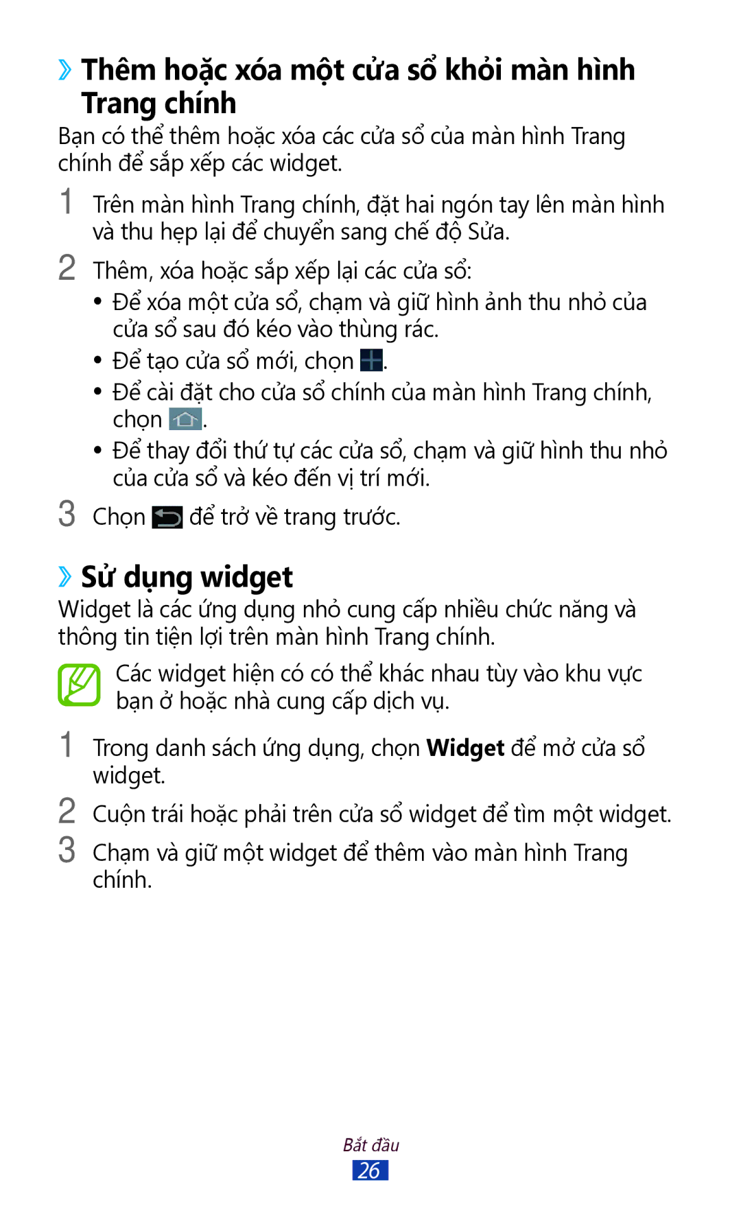 Samsung GT-P3110TSAXXV manual ››Thêm hoặc xóa một cửa sổ khỏi màn hì̀nh Trang chính, ››Sử dụng widget 