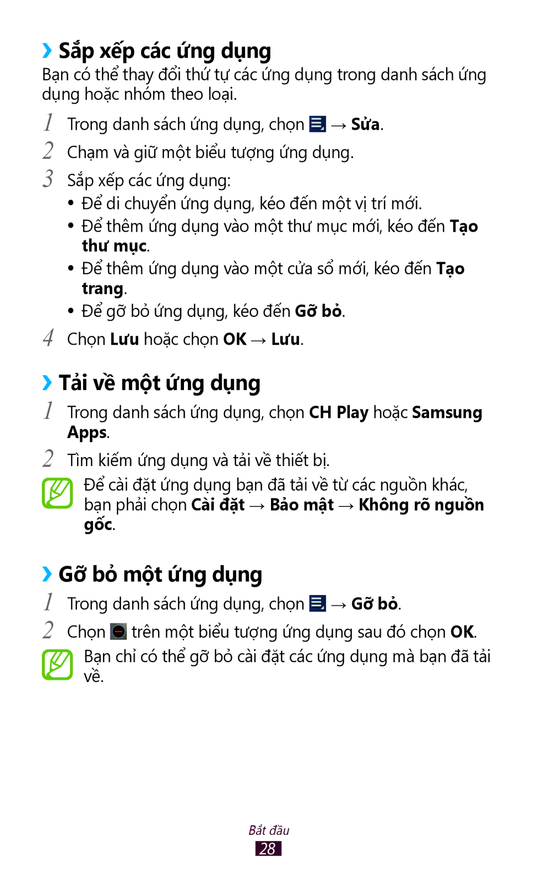 Samsung GT-P3110TSAXXV manual ››Sắp xếp các ứng dụng, ››Tải về một ứng dụng, ››Gỡ bỏ một ứng dụng 